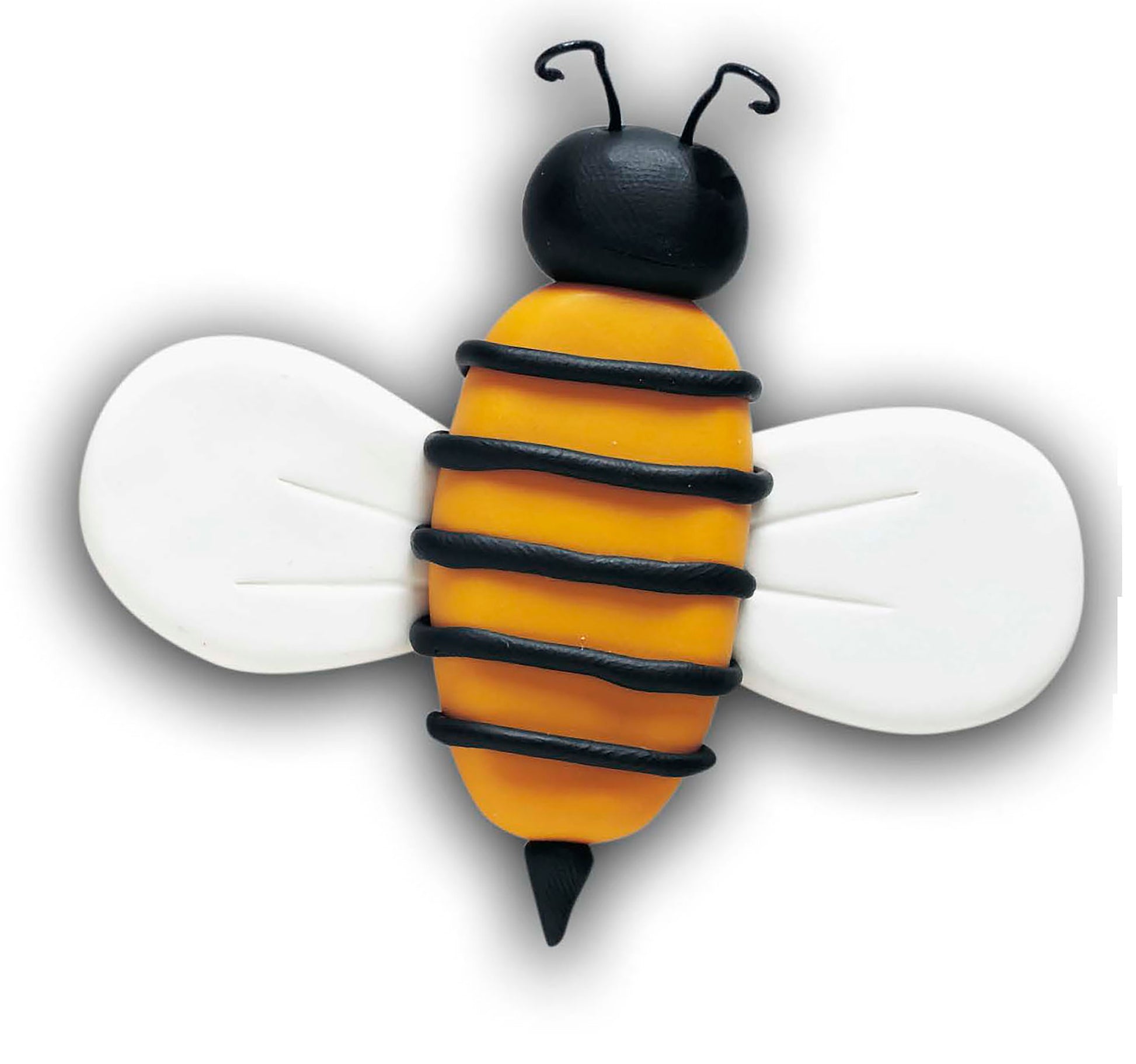 A cute clay bee with a black head, yellow and orange striped body, white wings, and black antennae—featured in the "I Can't Believe I'm Sculpting Clay Figures" digital download by Leisure Arts—shown on a white background.