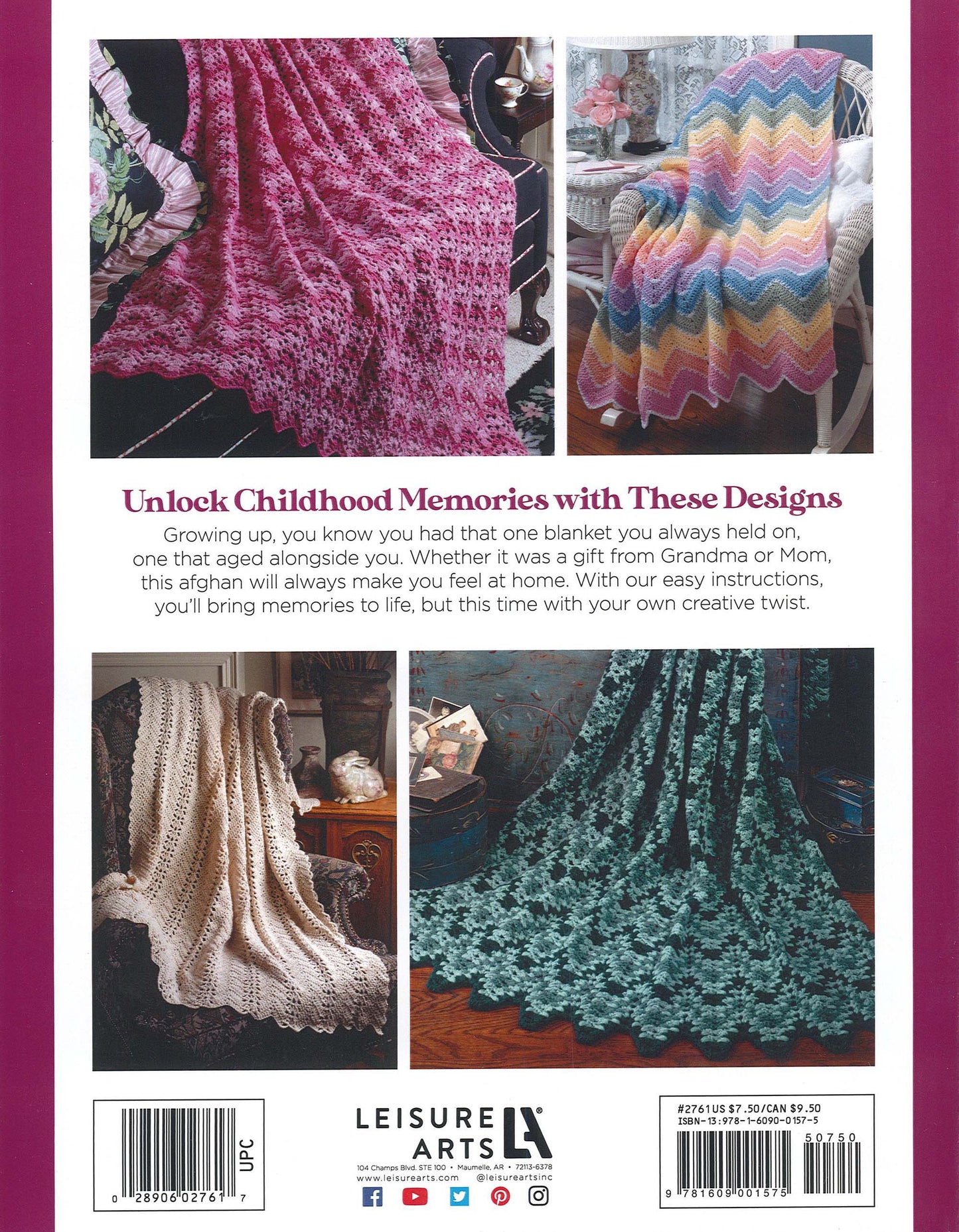 Four colorful crocheted afghans, featuring ripple patterns from "Rippling Effects—16 Afghan Designs to Add to Your Home Decor" by Leisure Arts, are draped over chairs in cozy, vintage-style rooms. Purple border and text highlight these nostalgic blanket designs.