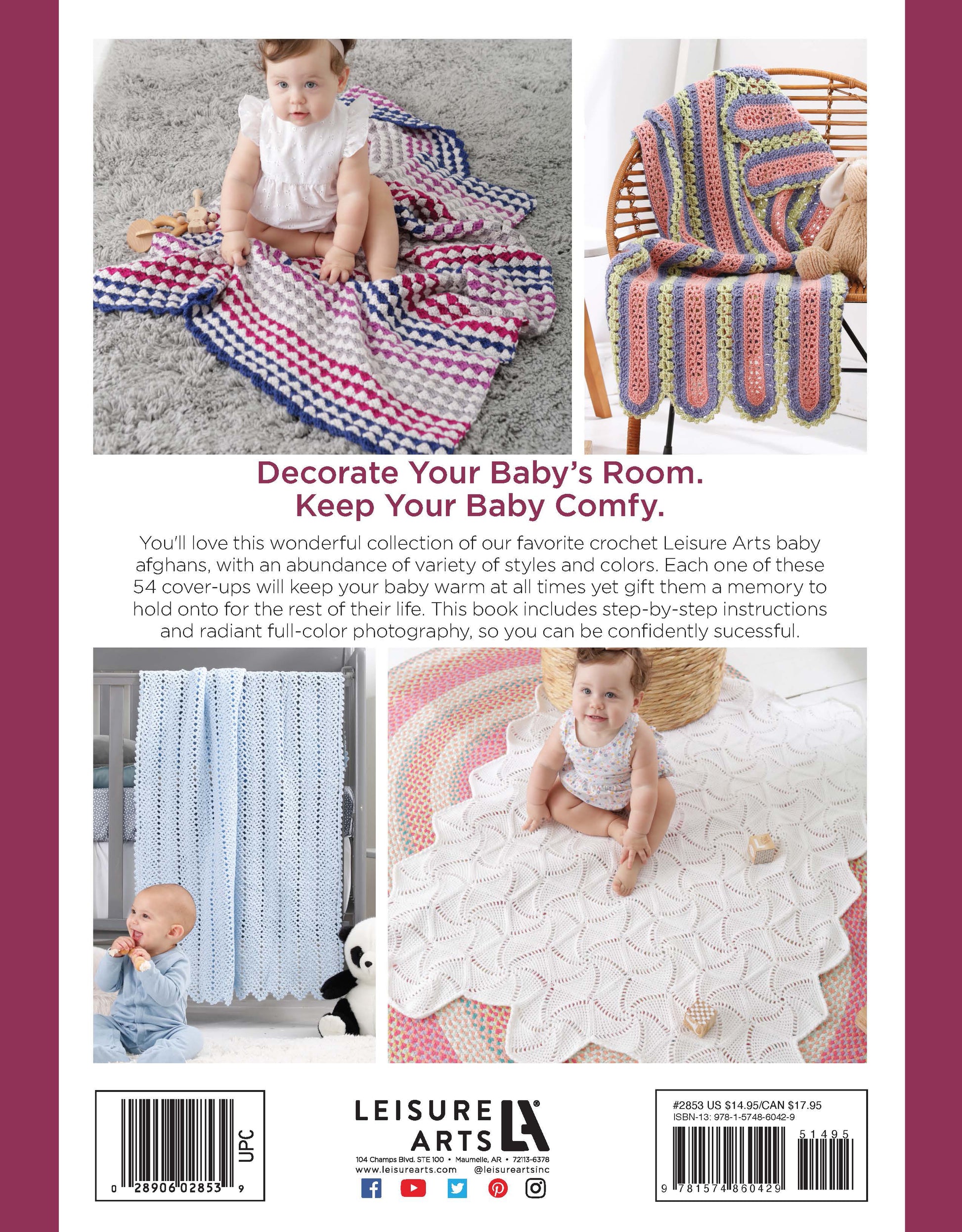 The back cover of "Our Best Baby Afghans Digital Download" by Leisure Arts displays three babies on vibrant crochet blankets with unique patterns—ideal for decorating your baby’s room and keeping them cozy. Leisure Arts branding appears at the bottom.