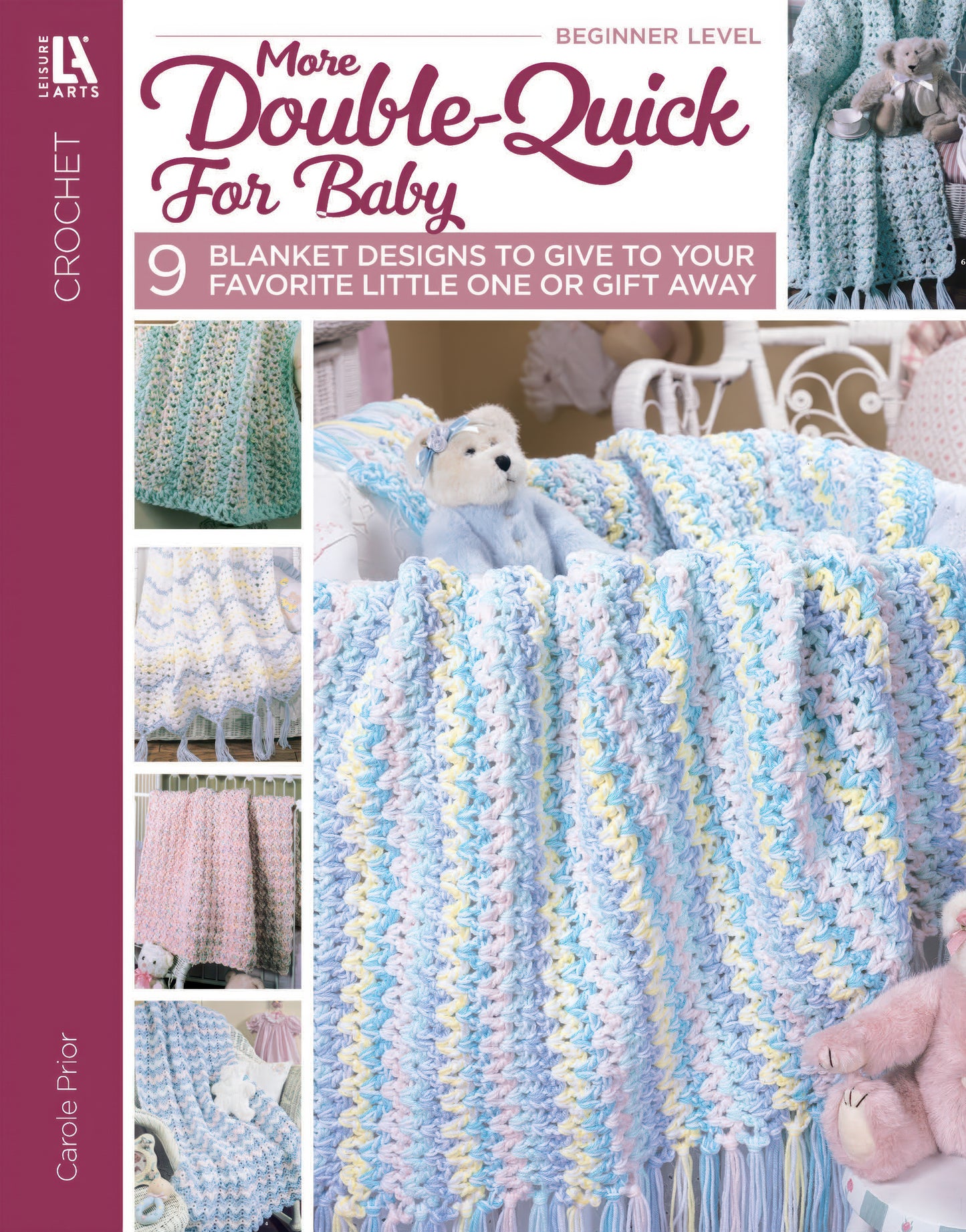 More Double-Quick for Baby Digital Download by Leisure Arts features 9 beginner crochet blanket patterns using worsted weight yarn, with pastel blankets draped over furniture and a white crib with stuffed animals on the cover.