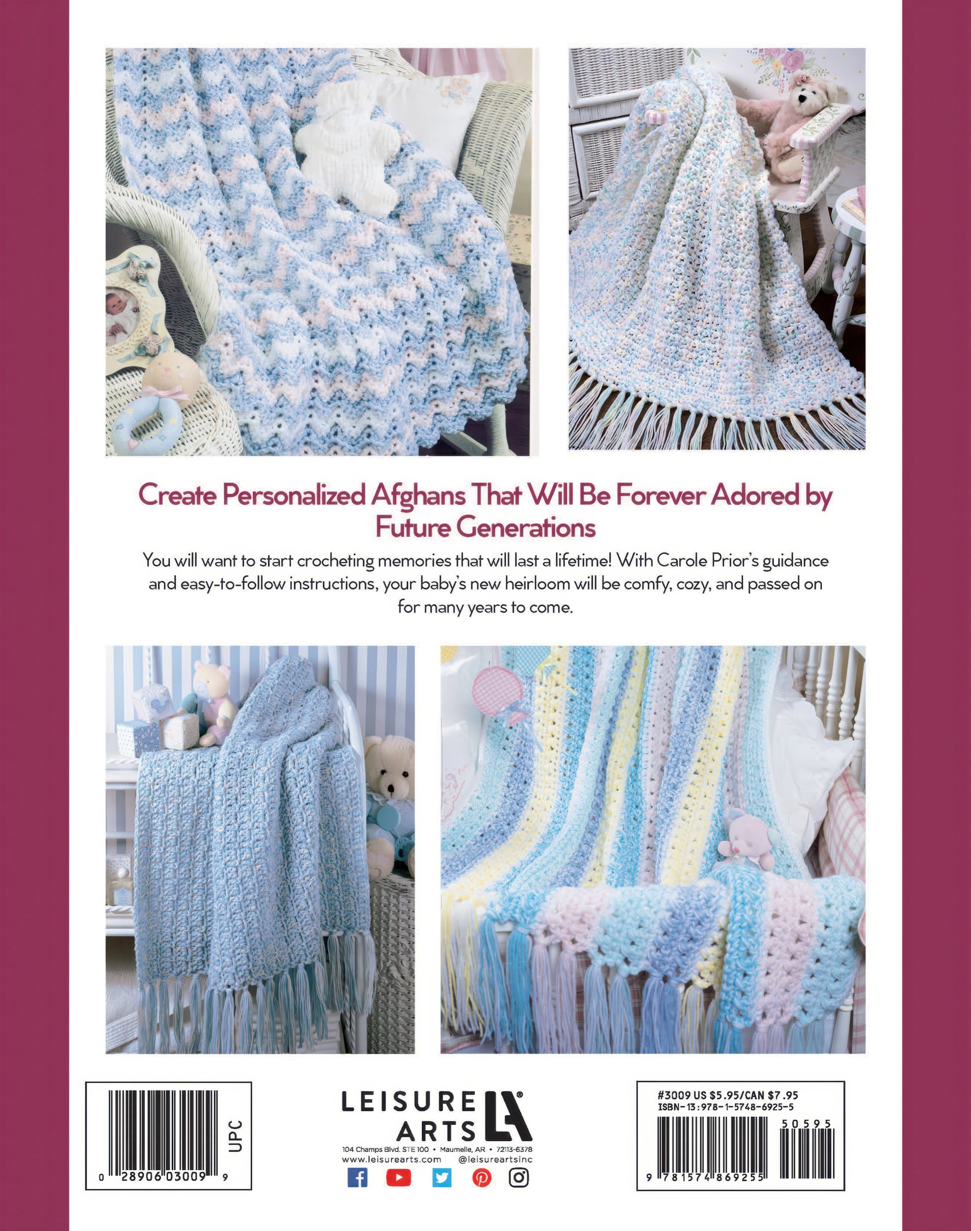 Pastel crocheted baby afghans draped over chairs and a crib, with nursery decor and stuffed animals, highlight beginner-friendly patterns using worsted yarn from the "More Double-Quick for Baby" digital download by Leisure Arts.