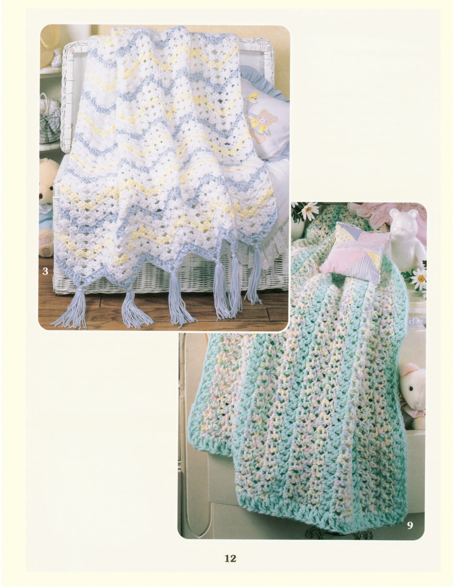 Two crocheted baby blankets from the Leisure Arts "More Double-Quick for Baby Digital Download" drape over furniture, one striped white, blue, and yellow with fringe, the other mint green with pink hints. Both soft and beginner-friendly; plush toys nestled nearby.