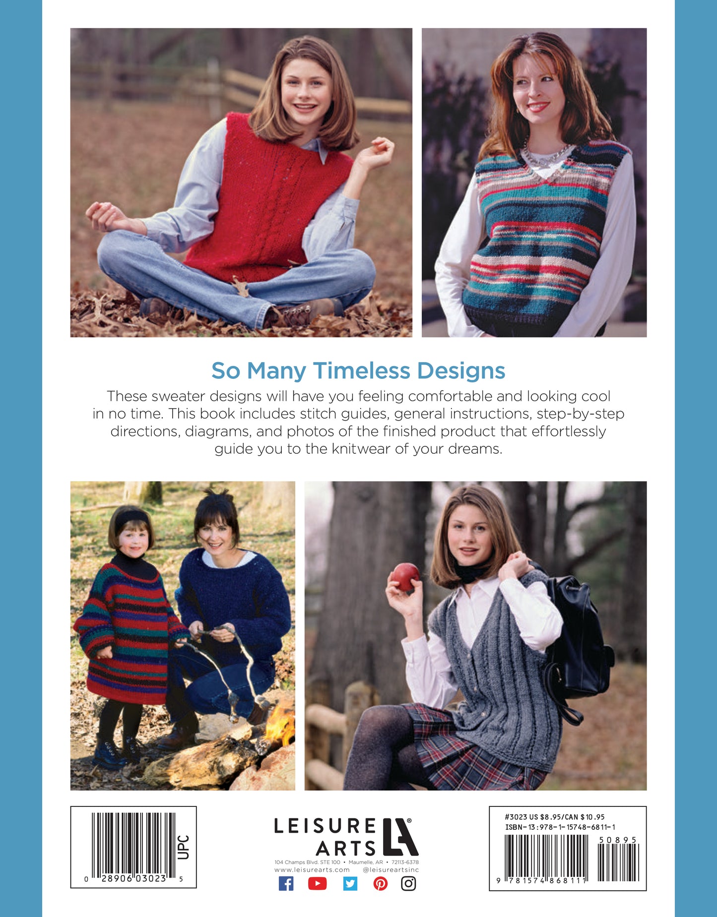 Back cover of "The Big Book of Quick Knit Sweaters" by Leisure Arts features four women outdoors wearing distinctive sweater designs from the digital pattern collection, set amid autumn leaves and trees.