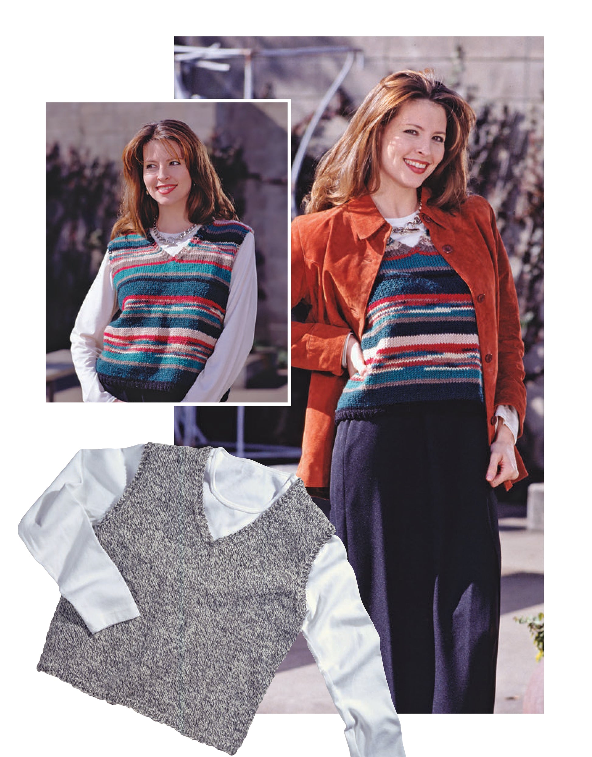 A woman models striped knit vests from Leisure Arts' "The Big Book of Quick Knit Sweaters" digital download, layering them over a white shirt with and without a rust jacket; at the bottom, a gray knit vest completes the look.