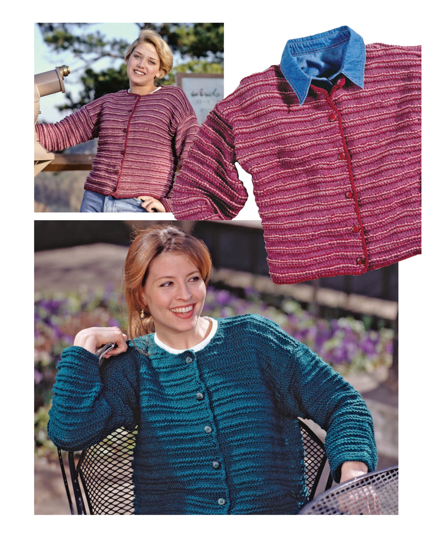 Discover new knitwear patterns with The Big Book of Quick Knit Sweaters Digital Download from Leisure Arts—see photos of women outdoors in striped cardigans, in pink/purple or blue, plus the pink cardigan styled over a collared shirt.