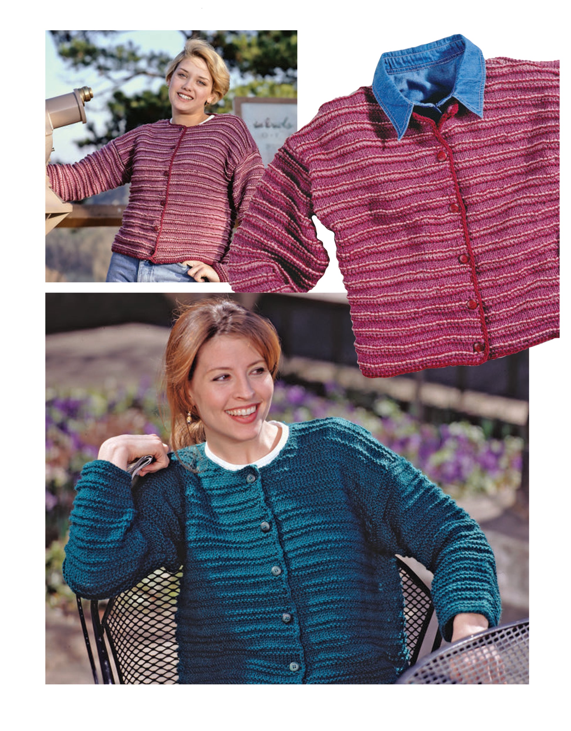 Discover new knitwear patterns with The Big Book of Quick Knit Sweaters Digital Download from Leisure Arts—see photos of women outdoors in striped cardigans, in pink/purple or blue, plus the pink cardigan styled over a collared shirt.