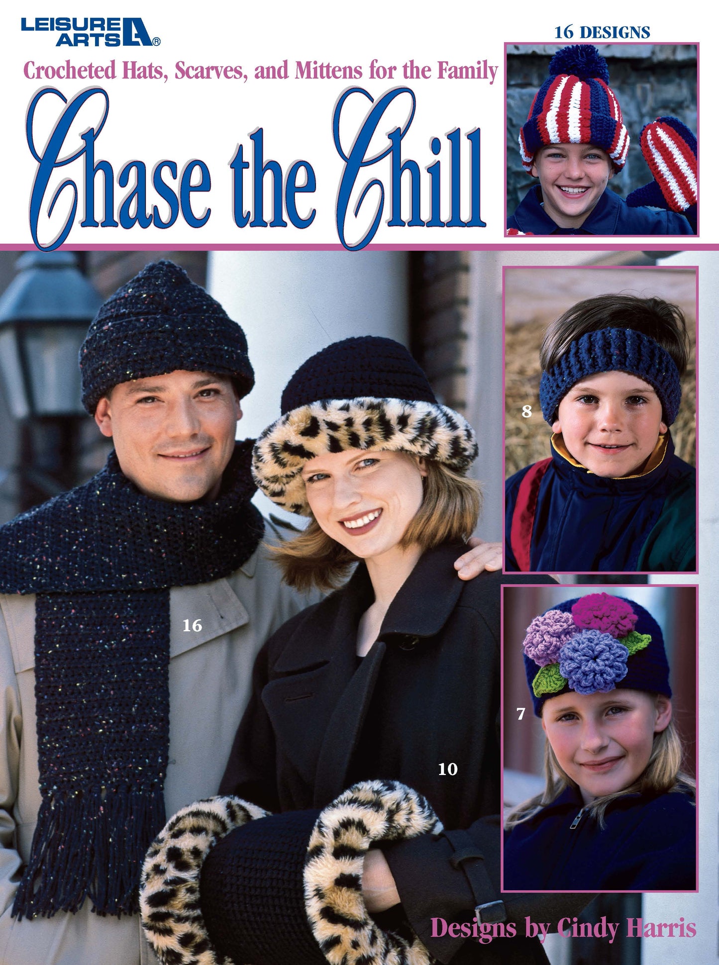 The digital download "Chase the Chill—Crocheted Hats, Scarves, and Mittens for the Family" by Leisure Arts features 16 crochet designs for adults and kids, including leopard print, red-and-white stripes, and colorful flowers.
