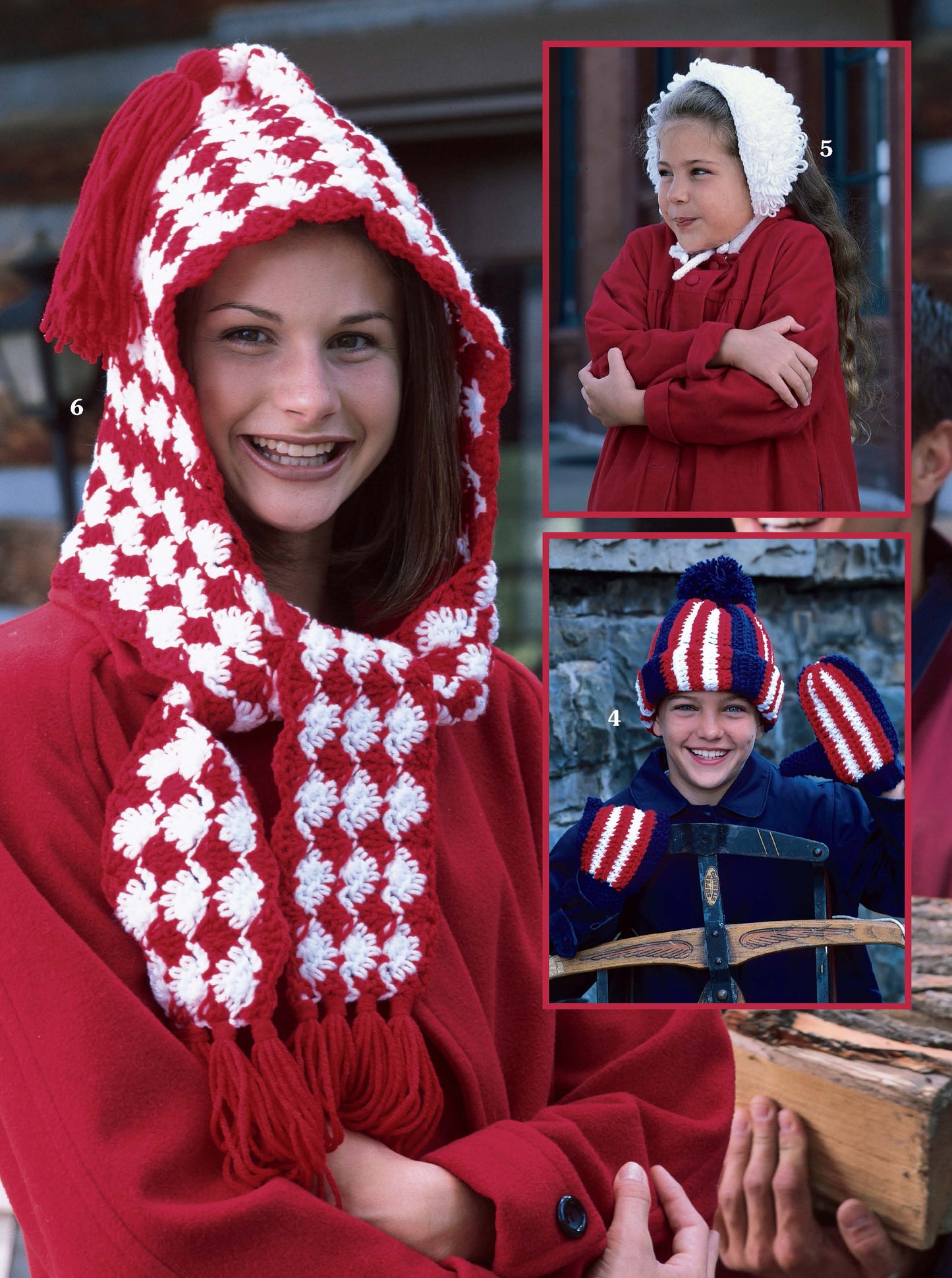 A girl in a red coat with a red-and-white hooded scarf smiles; inset images show two girls—one in a red coat with a white headband and another wearing designs from Leisure Arts' Chase the Chill: Crocheted Hats, Scarves, and Mittens for the Family.