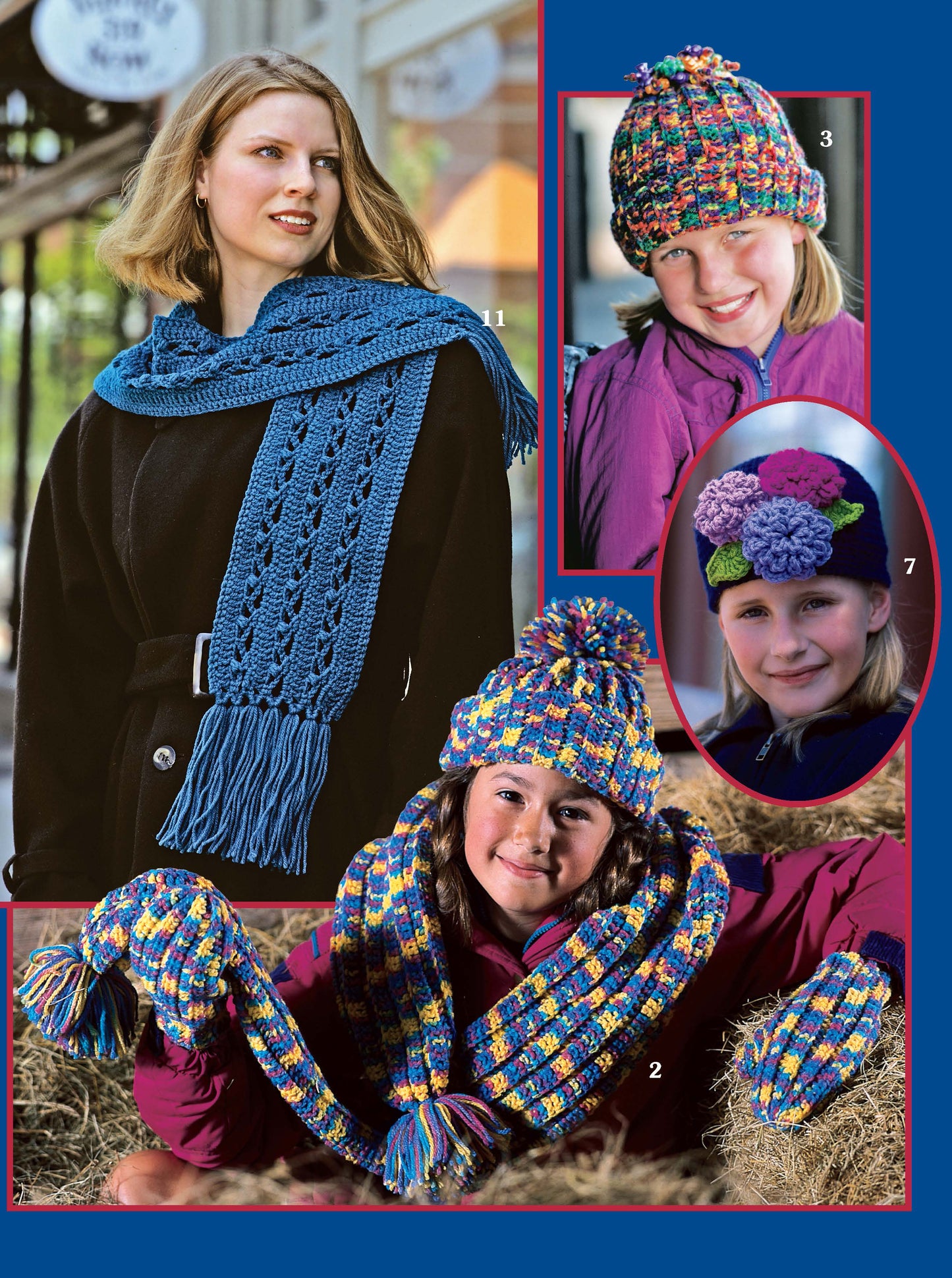 A woman in a blue knitted scarf stands outside. Three girls smile, modeling hats, scarves, and mittens from Leisure Arts' "Chase the Chill—Crocheted Hats, Scarves, and Mittens for the Family; 16 Designs" digital download.
