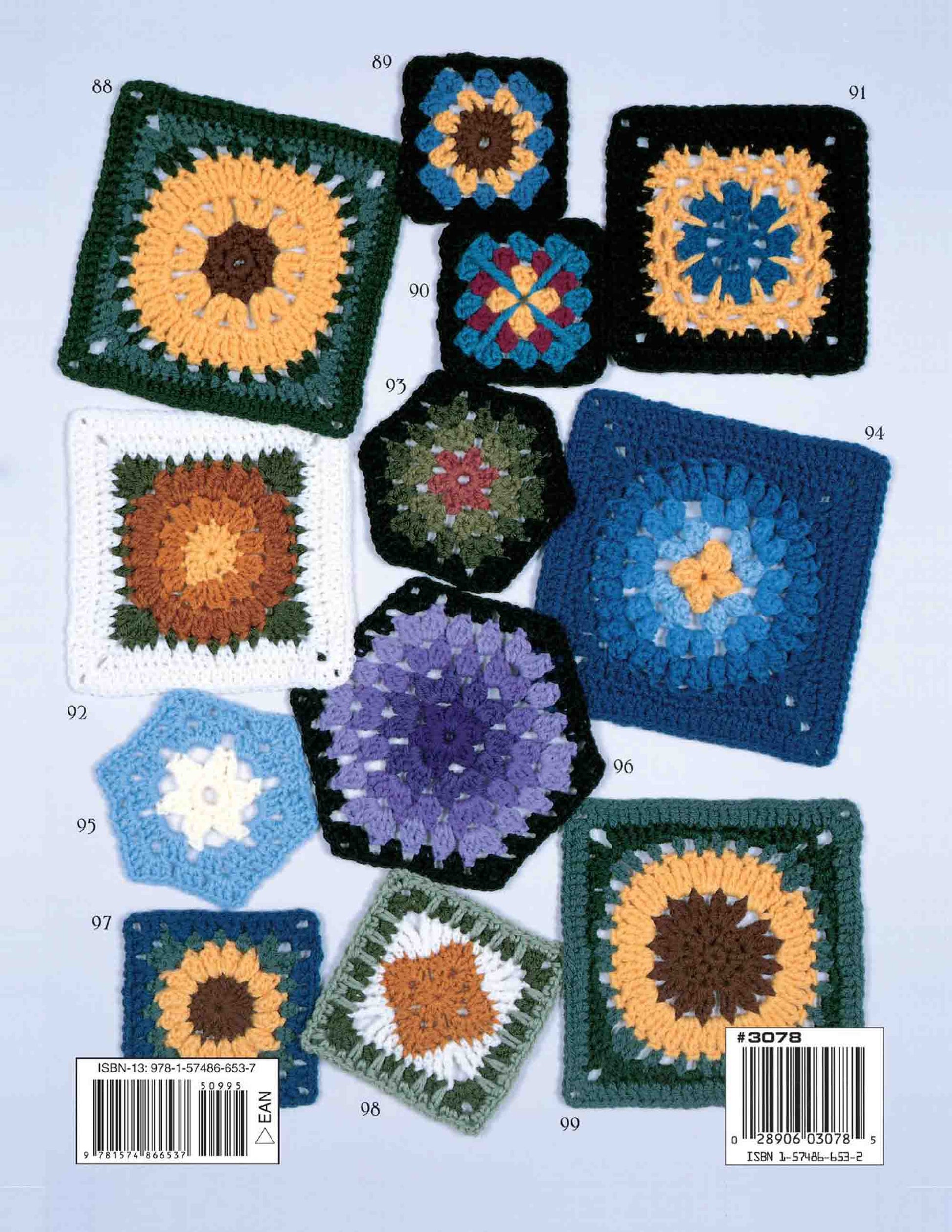Leisure Arts' "99 Granny Squares to Crochet" Digital Download features vibrant crochet squares and hexagons made from baby yarn in different patterns and sizes, arranged on a blue background with ISBN barcodes at the bottom.