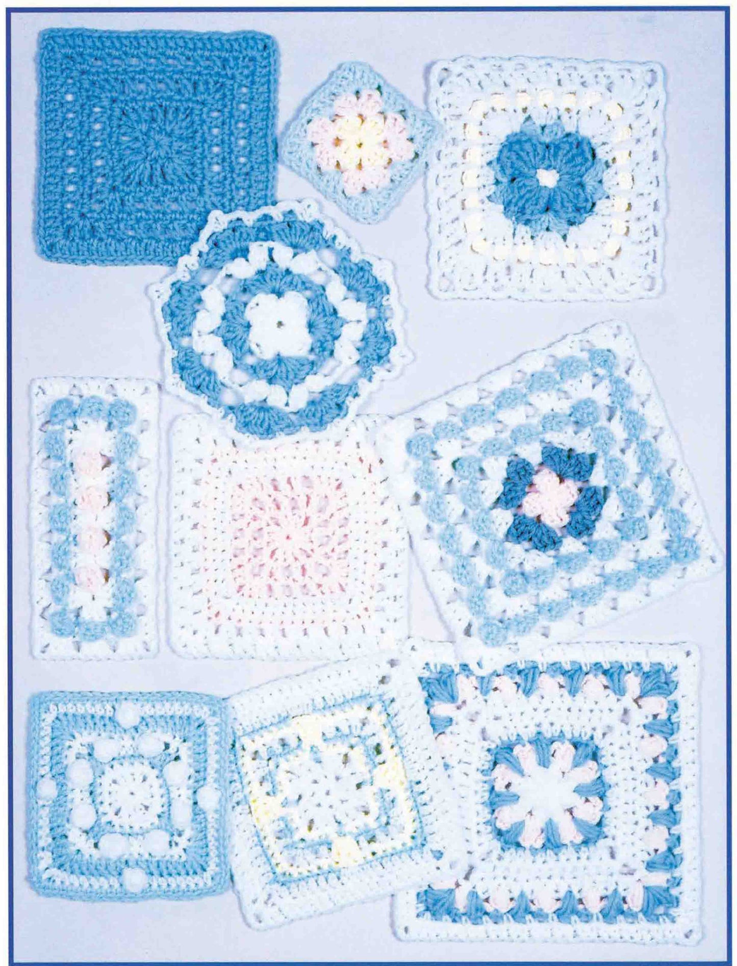 Ten crocheted granny squares in blue, white, and pink, made with soft baby yarn in floral and geometric patterns, showcased on light blue. Patterns from "99 Granny Squares to Crochet Digital Download" by Leisure Arts.