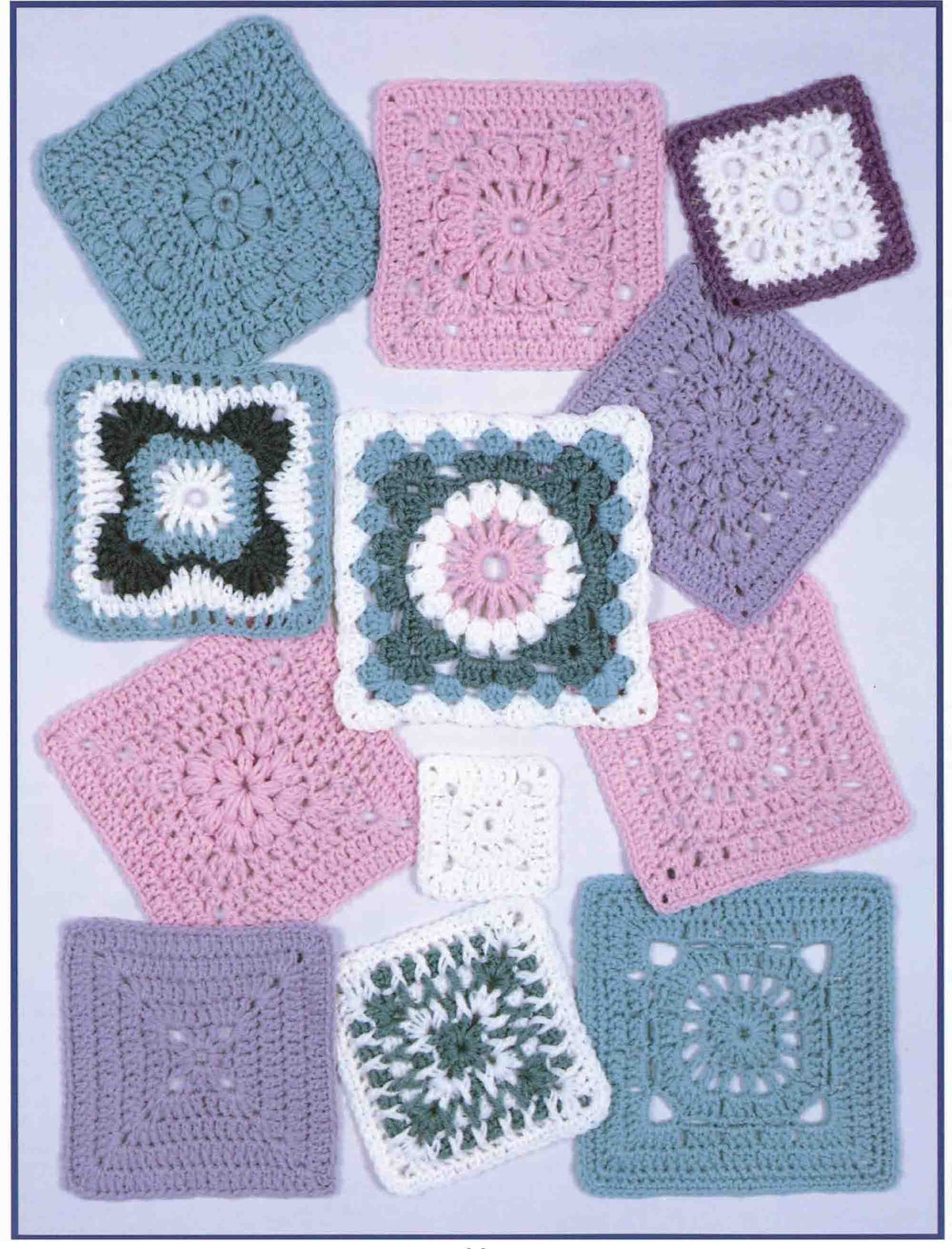Twelve colorful granny squares from the "99 Granny Squares to Crochet Digital Download" by Leisure Arts are displayed in a scattered layout, showing unique patterns and soft shades on a light background.