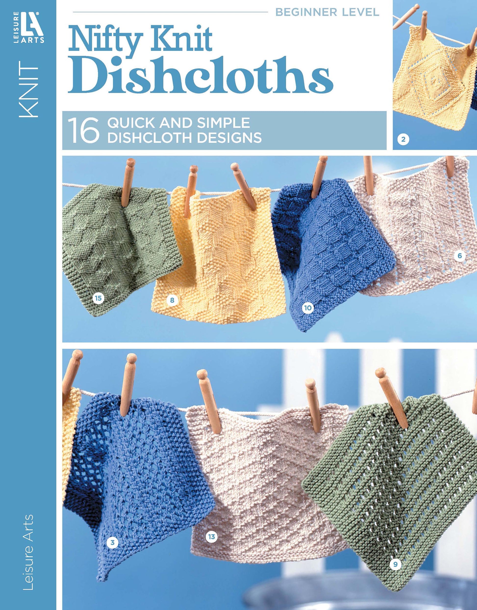 The Nifty Knit Dishcloths Digital Download by Leisure Arts features 16 quick and simple dishcloth patterns—perfect for beginners using soft cotton yarn. The cover shows six colorful dishcloths hanging on a clothesline against a blue sky.