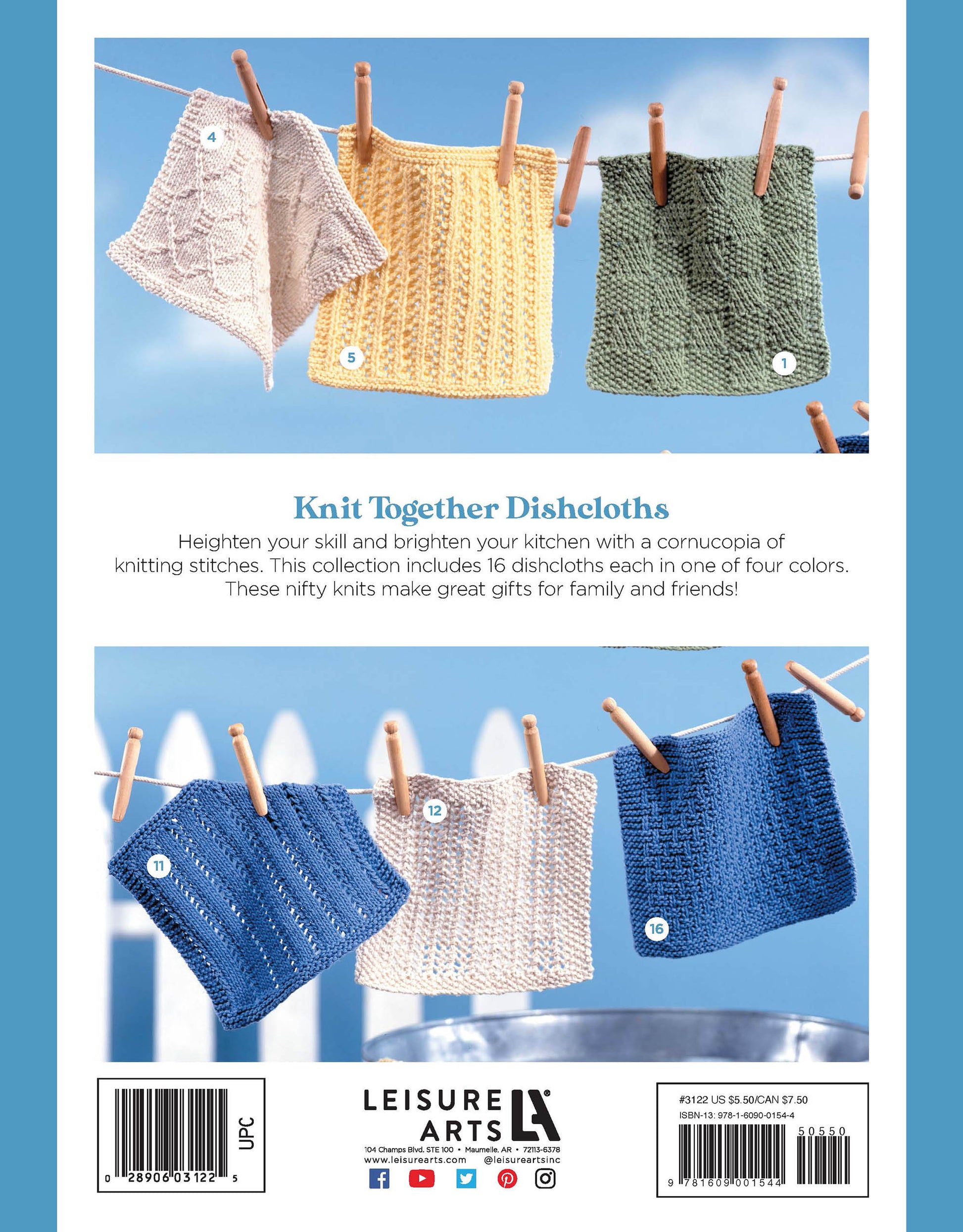 Five pastel Nifty Knit Dishcloths by Leisure Arts hang from clotheslines with clothespins. Each digital pattern download features a unique textured stitch, designed in cotton for a stylish, decorative touch.