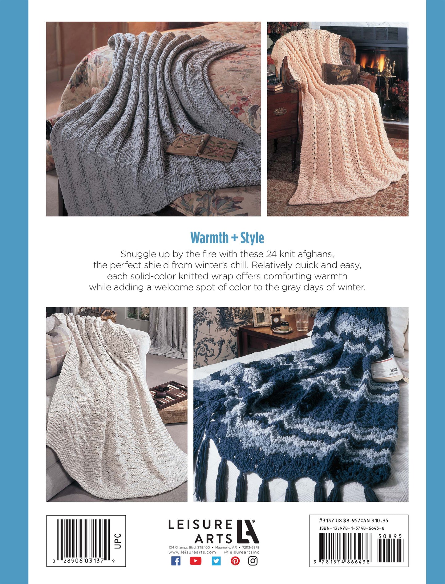 Three cozy afghans in gray, beige, and blue drape over chairs and a sofa. Made with worsted weight yarn, these winter wraps add color and comfort. Patterns from the Big Book of Quick Knit Afghans by Leisure Arts are shown at bottom.