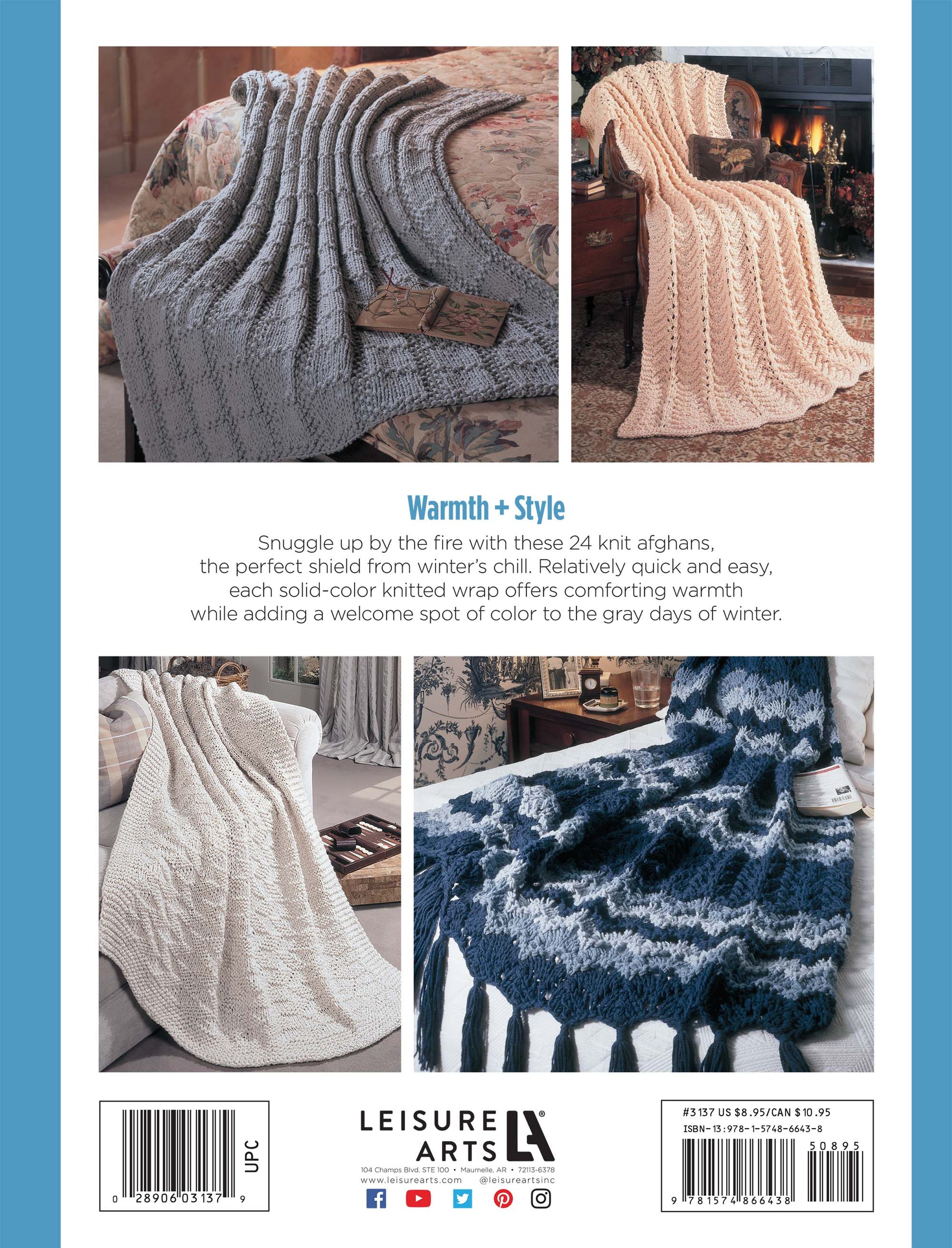 Three cozy afghans in gray, beige, and blue drape over chairs and a sofa. Made with worsted weight yarn, these winter wraps add color and comfort. Patterns from the Big Book of Quick Knit Afghans by Leisure Arts are shown at bottom.