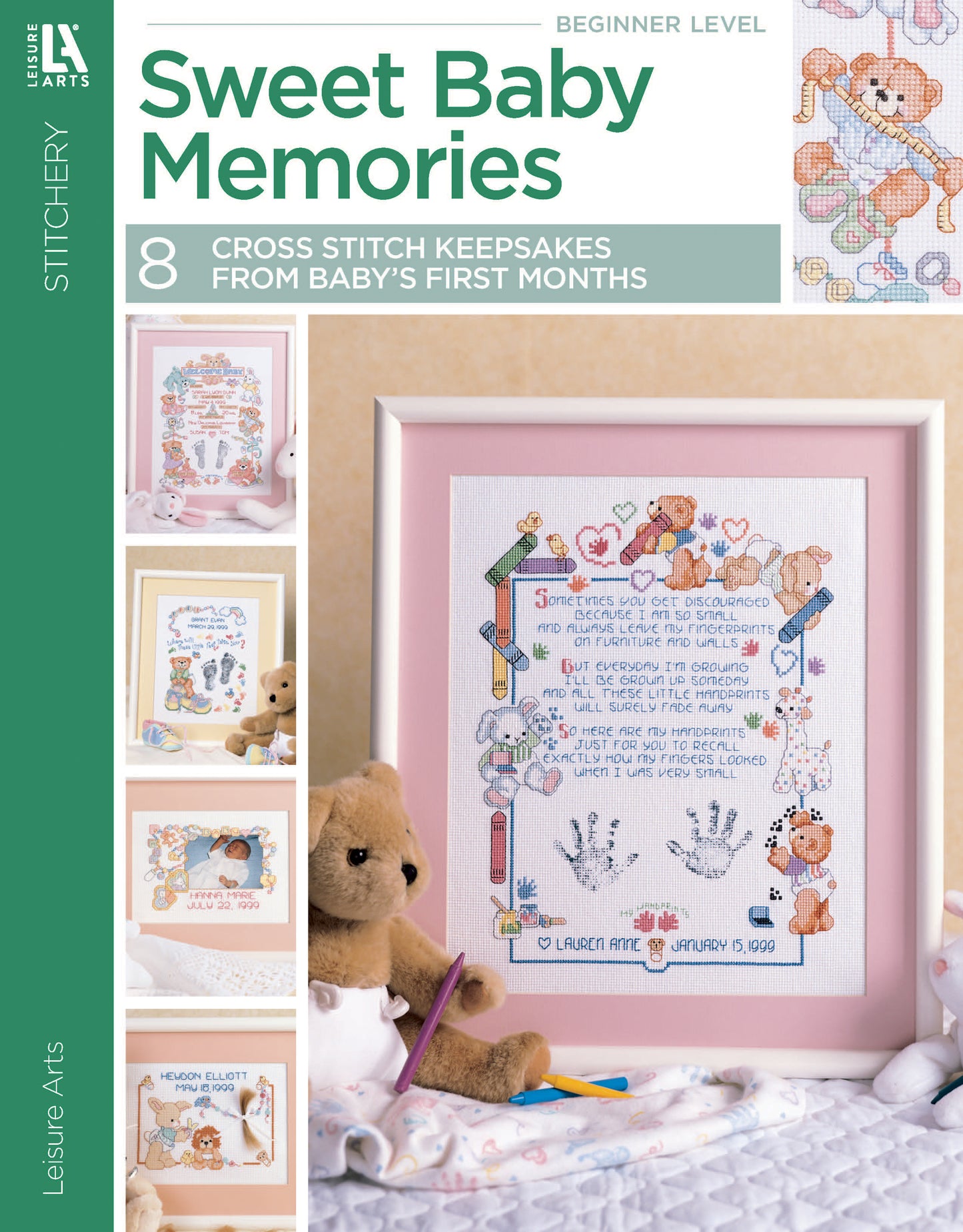Leisure Arts' Sweet Baby Cross Stitch Memories Digital Download features 8 beginner-level birth announcement and baby memento patterns with teddy bears and pastel nursery decor for charming handmade keepsakes.