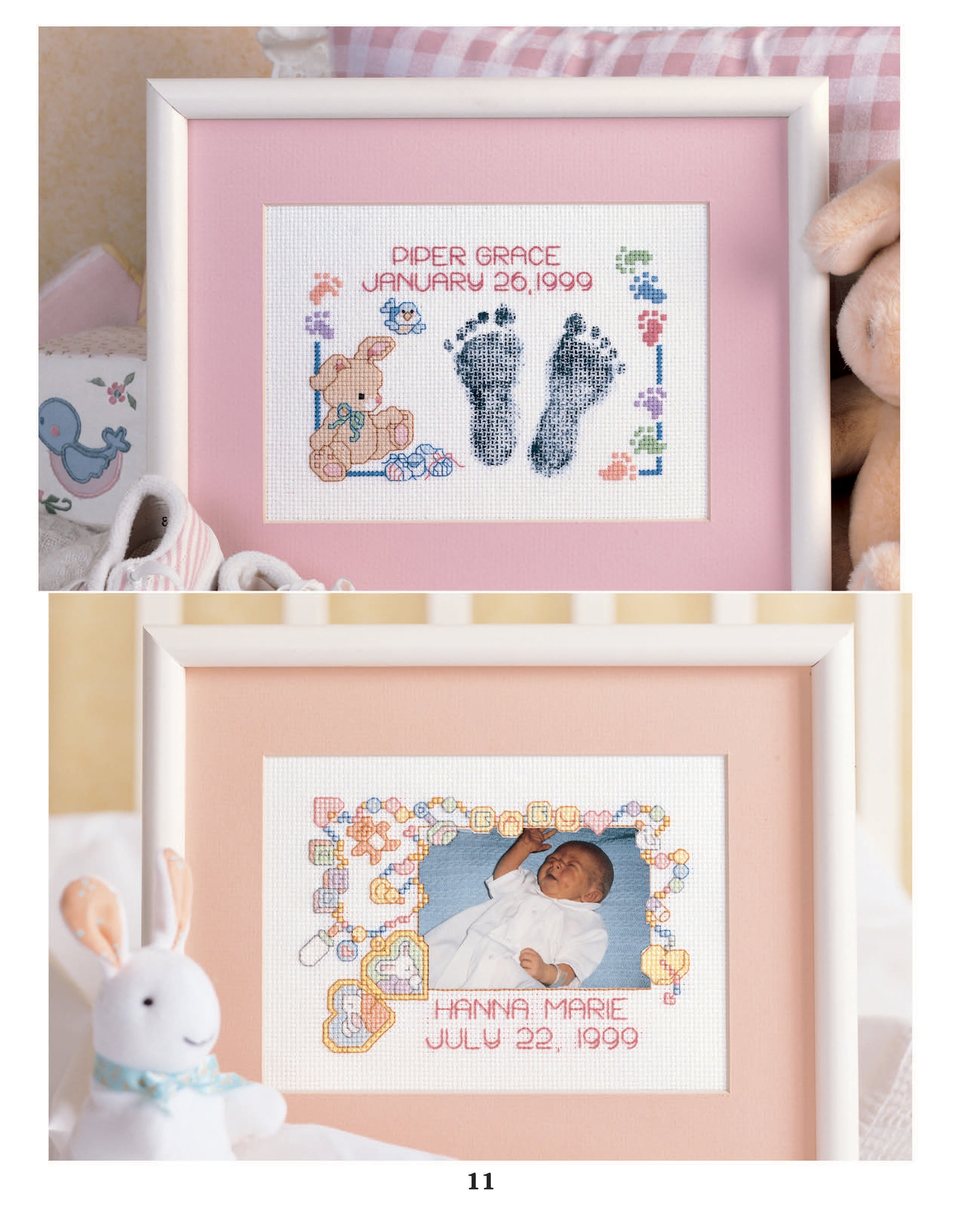 Create personalized birth announcements using the Sweet Baby Cross Stitch Memories Digital Download by Leisure Arts, featuring designs like teddy bears, footprints, and space for names, dates, photos, and pink mats—perfect for celebrating your little one.