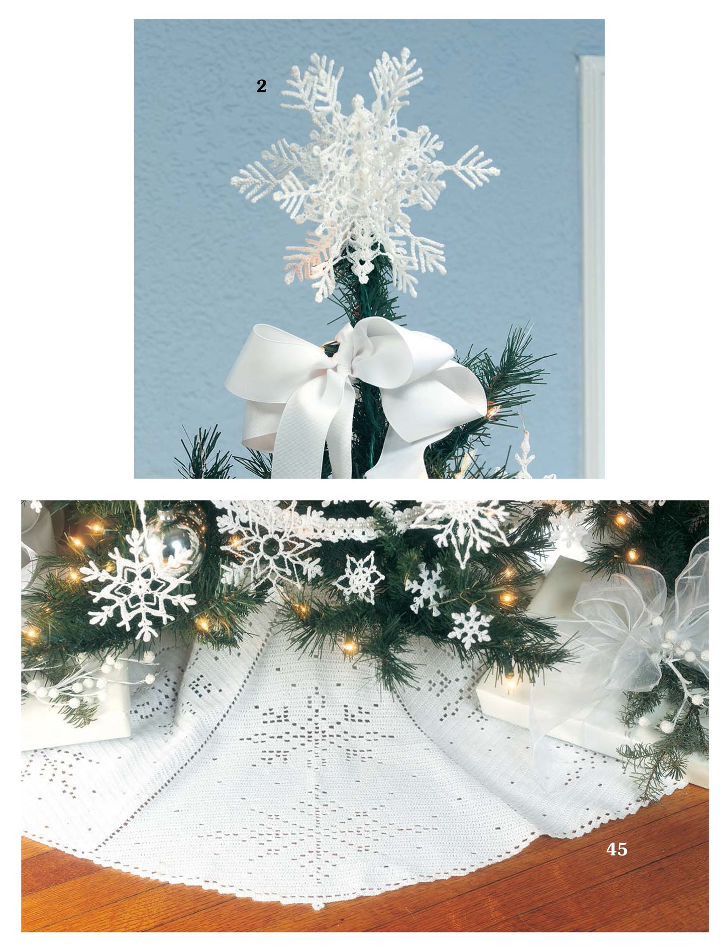 The "White Christmas in Thread Crochet" digital download by Leisure Arts features patterns for white crochet ornaments, snowflakes, a ribbon bow tree topper, and a crocheted tree skirt for festive holiday decor.