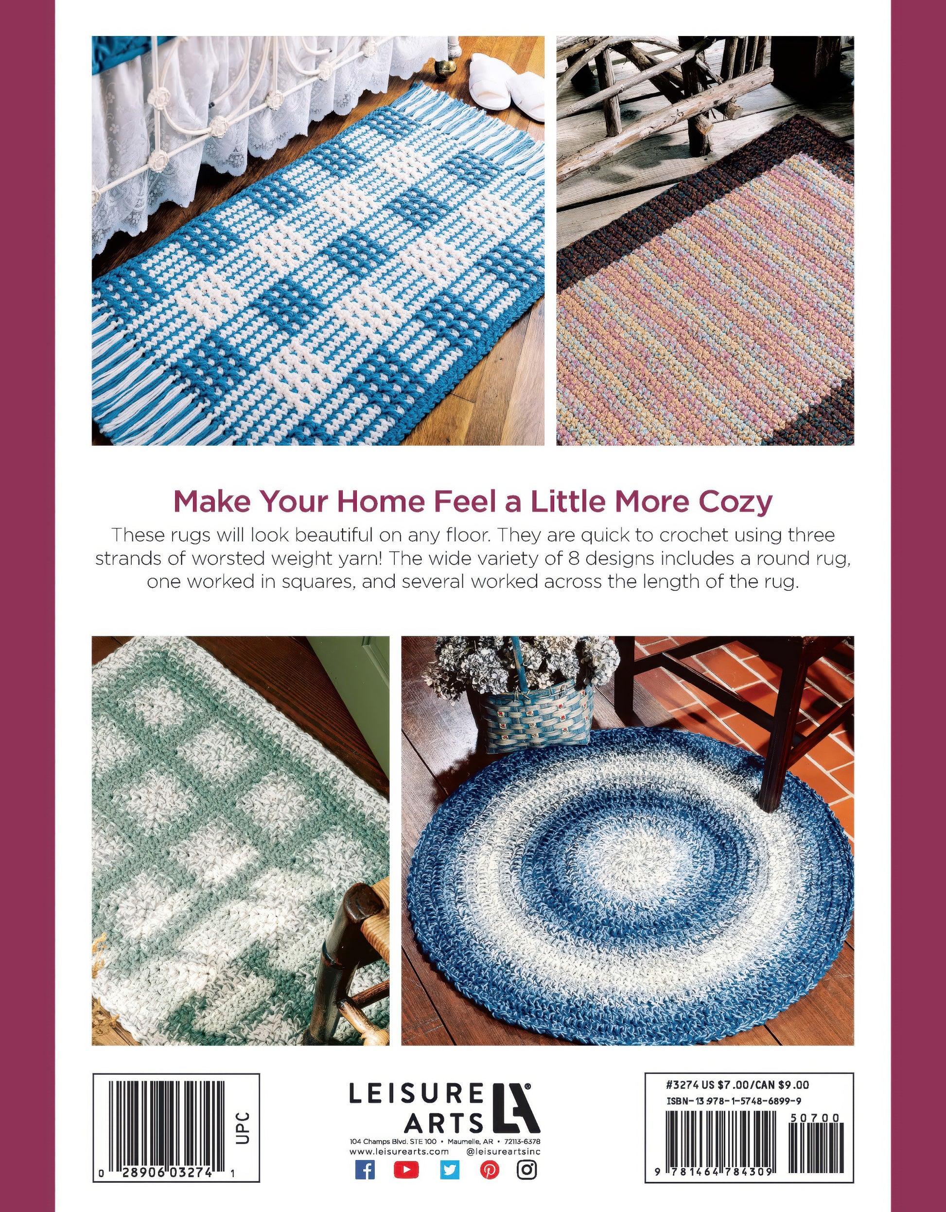 The Easy Rugs to Crochet Digital Download by Leisure Arts features four beginner-friendly rugs: a blue checked rectangle, a striped rectangle, a green and white rectangle, and a round blue ombre—perfect for wooden floors or near furniture.