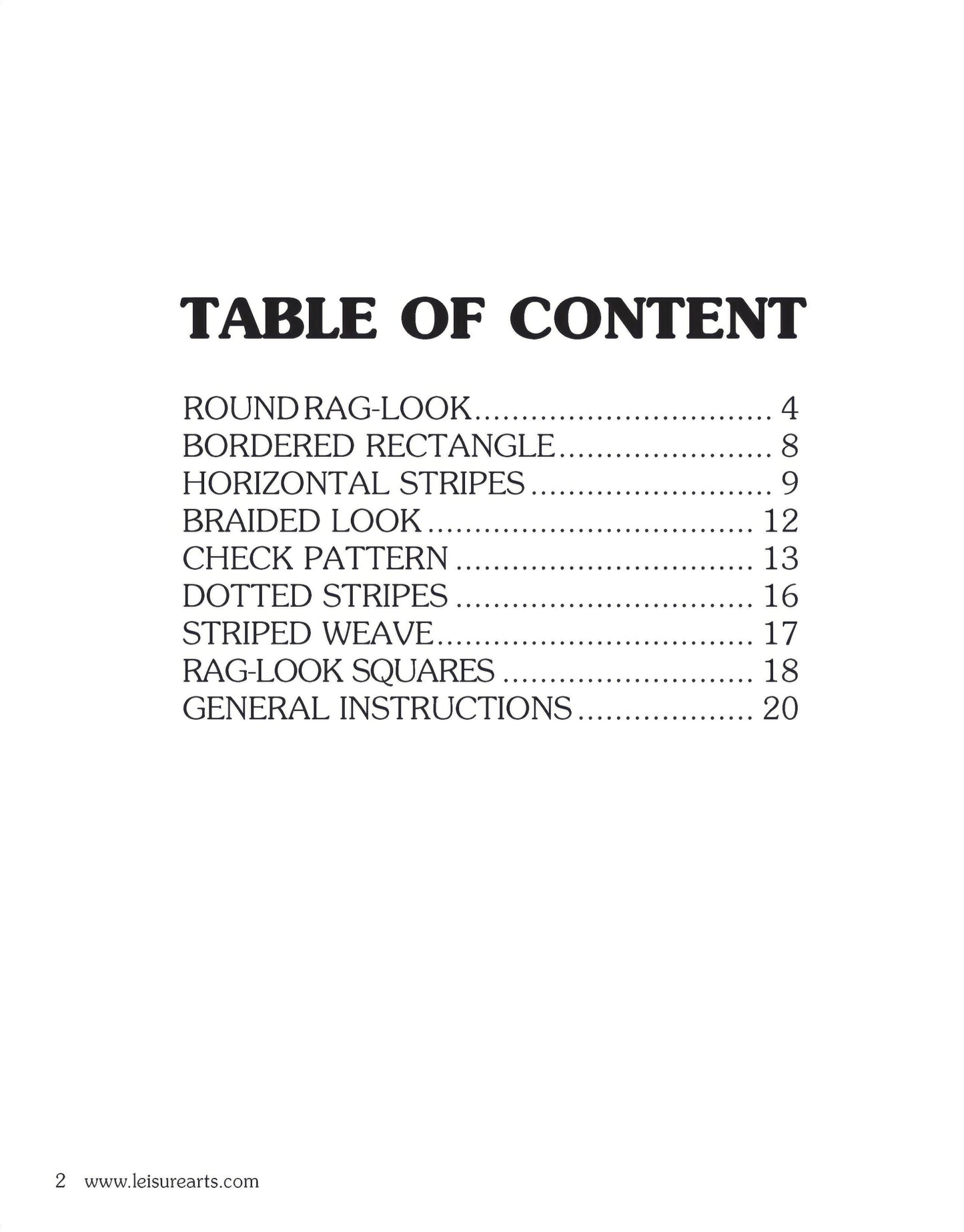 The Table of Contents in Easy Rugs to Crochet by Leisure Arts lists beginner rug designs—round, bordered rectangles, stripes, braids, checks, dotted patterns, rag squares—and includes general instructions with page numbers.