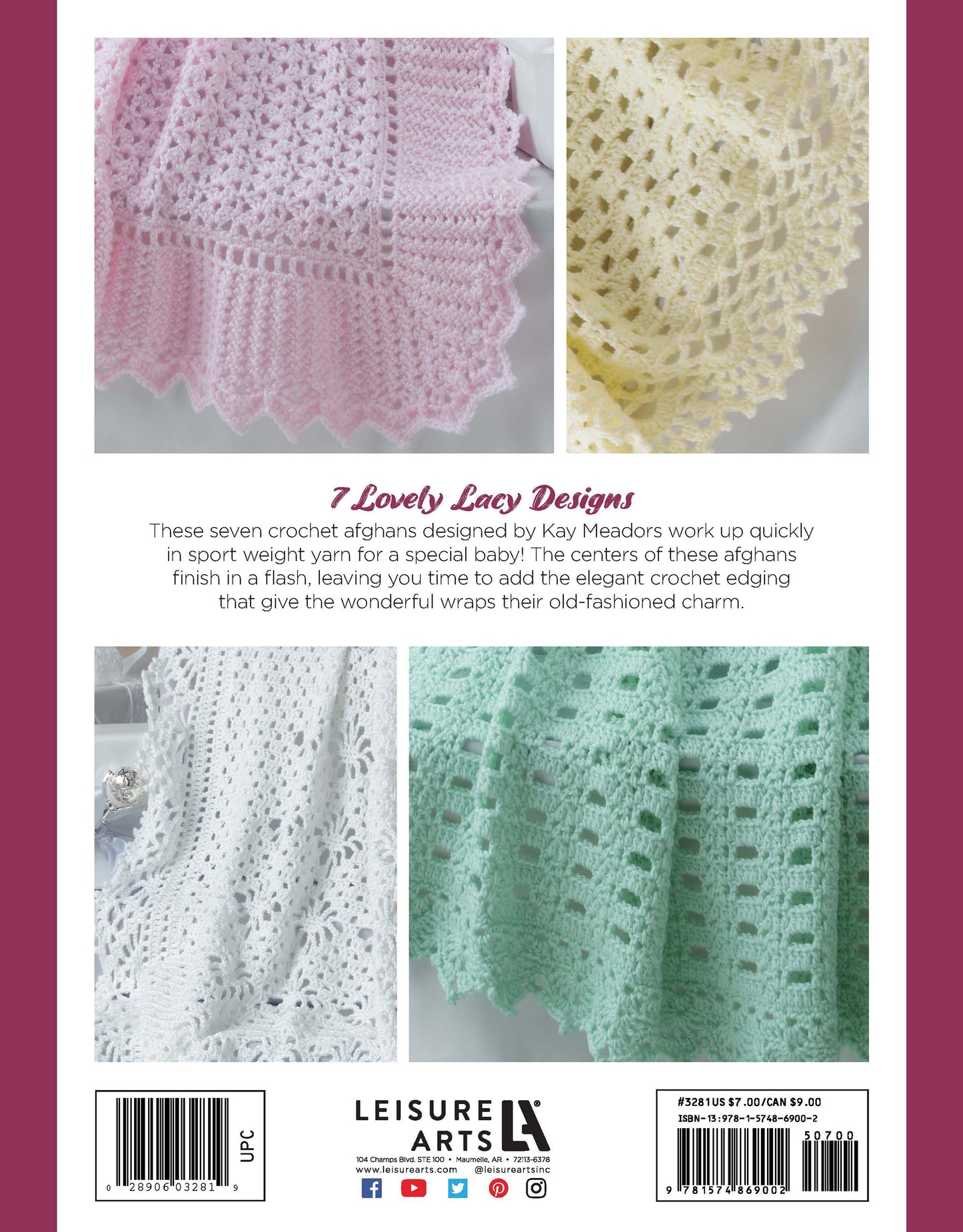 The back cover of the Keepsake Baby Afghans Digital Download by Leisure Arts displays close-up images of three lacy afghans in pastel pink, white, and green, highlighting seven charming crochet designs with the Leisure Arts logo at the bottom.