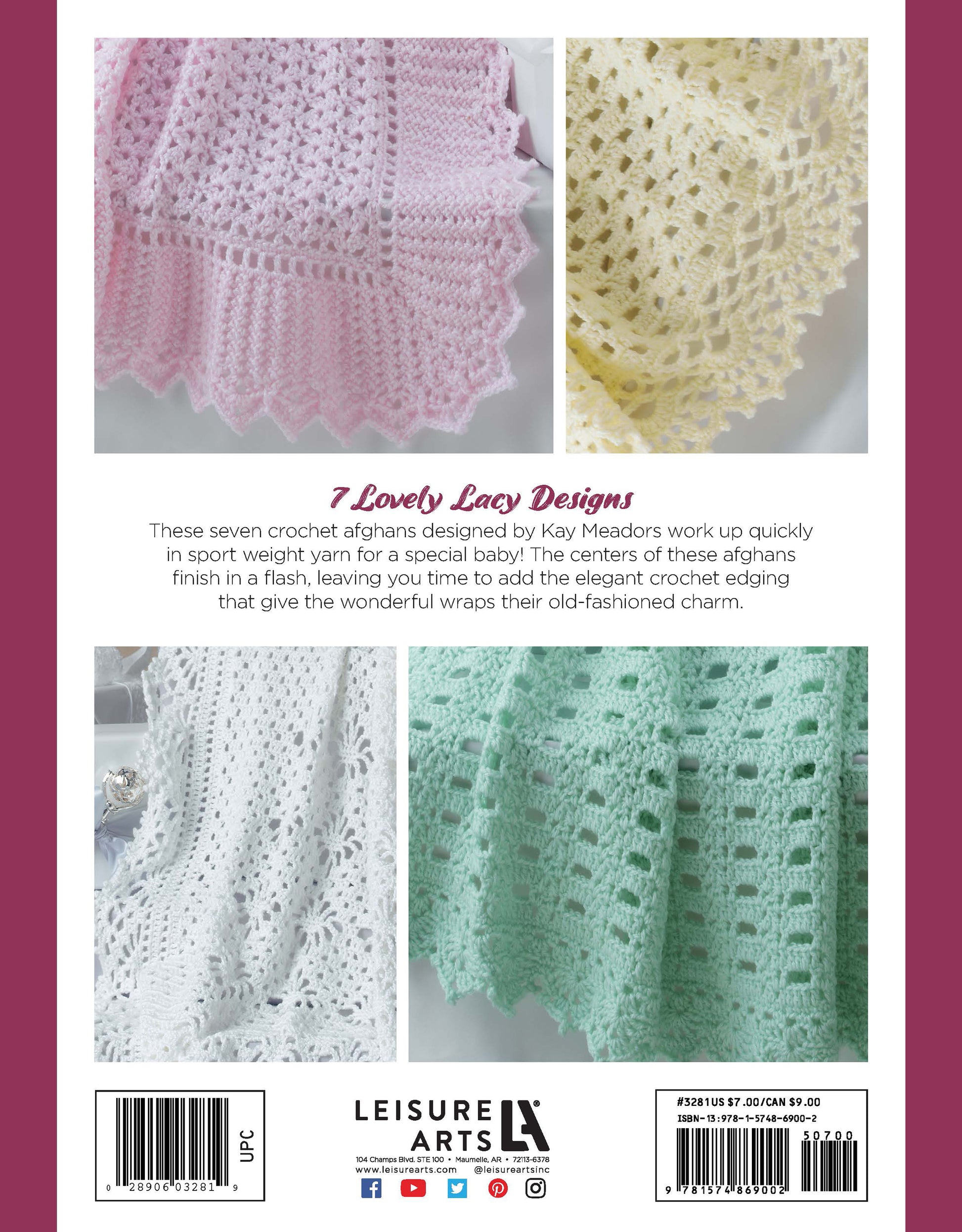 The back cover of the Keepsake Baby Afghans Digital Download by Leisure Arts displays close-up images of three lacy afghans in pastel pink, white, and green, highlighting seven charming crochet designs with the Leisure Arts logo at the bottom.