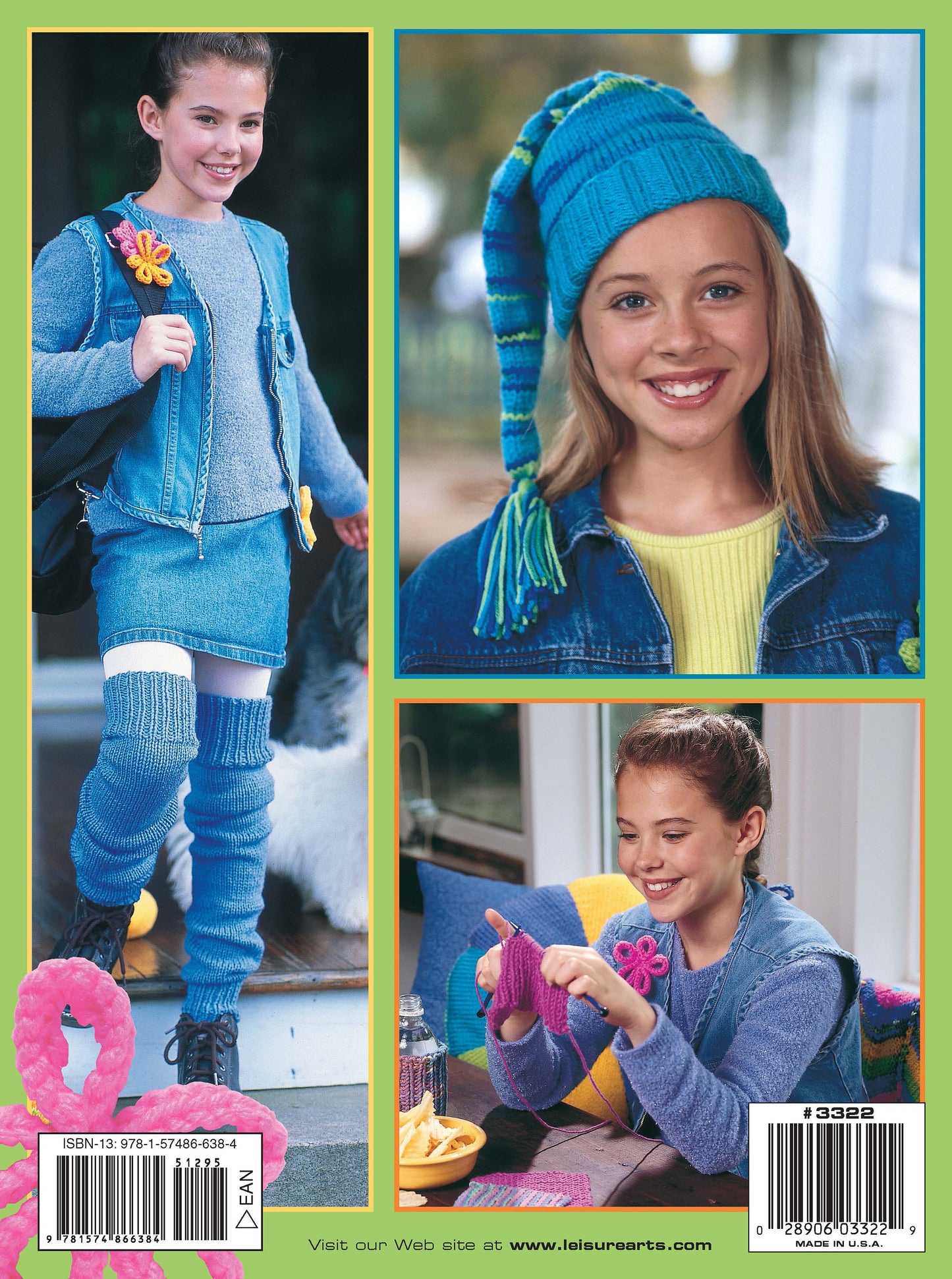 A young girl wearing a blue hat and scarf smiles as she knits with pink yarn, surrounded by colorful pillows—just like the inspiring projects found in Leisure Arts' Cool Stuff for Kids Teach Me to Knit—12 Projects Digital Download.