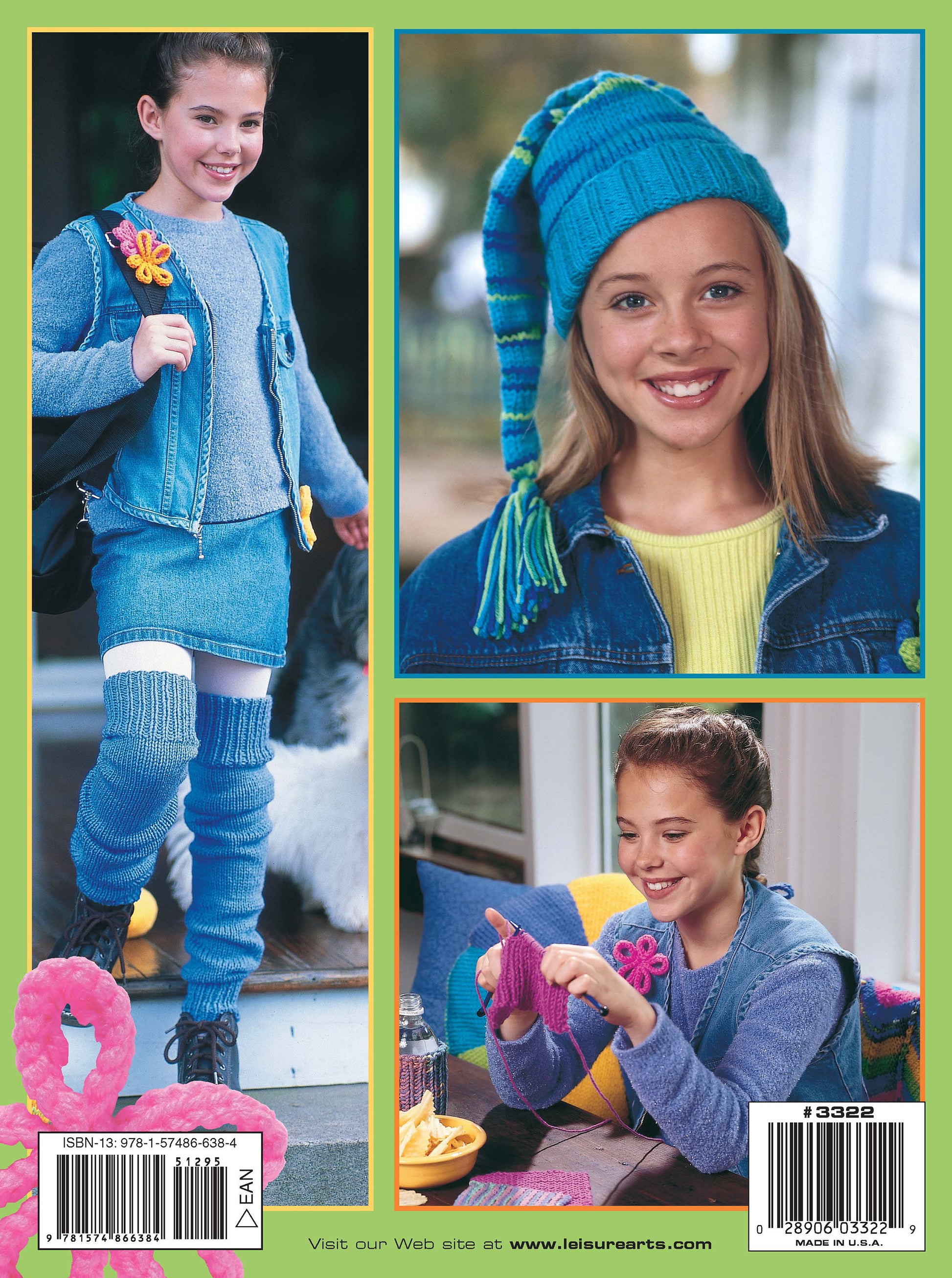 A young girl wearing a blue hat and scarf smiles as she knits with pink yarn, surrounded by colorful pillows—just like the inspiring projects found in Leisure Arts' Cool Stuff for Kids Teach Me to Knit—12 Projects Digital Download.