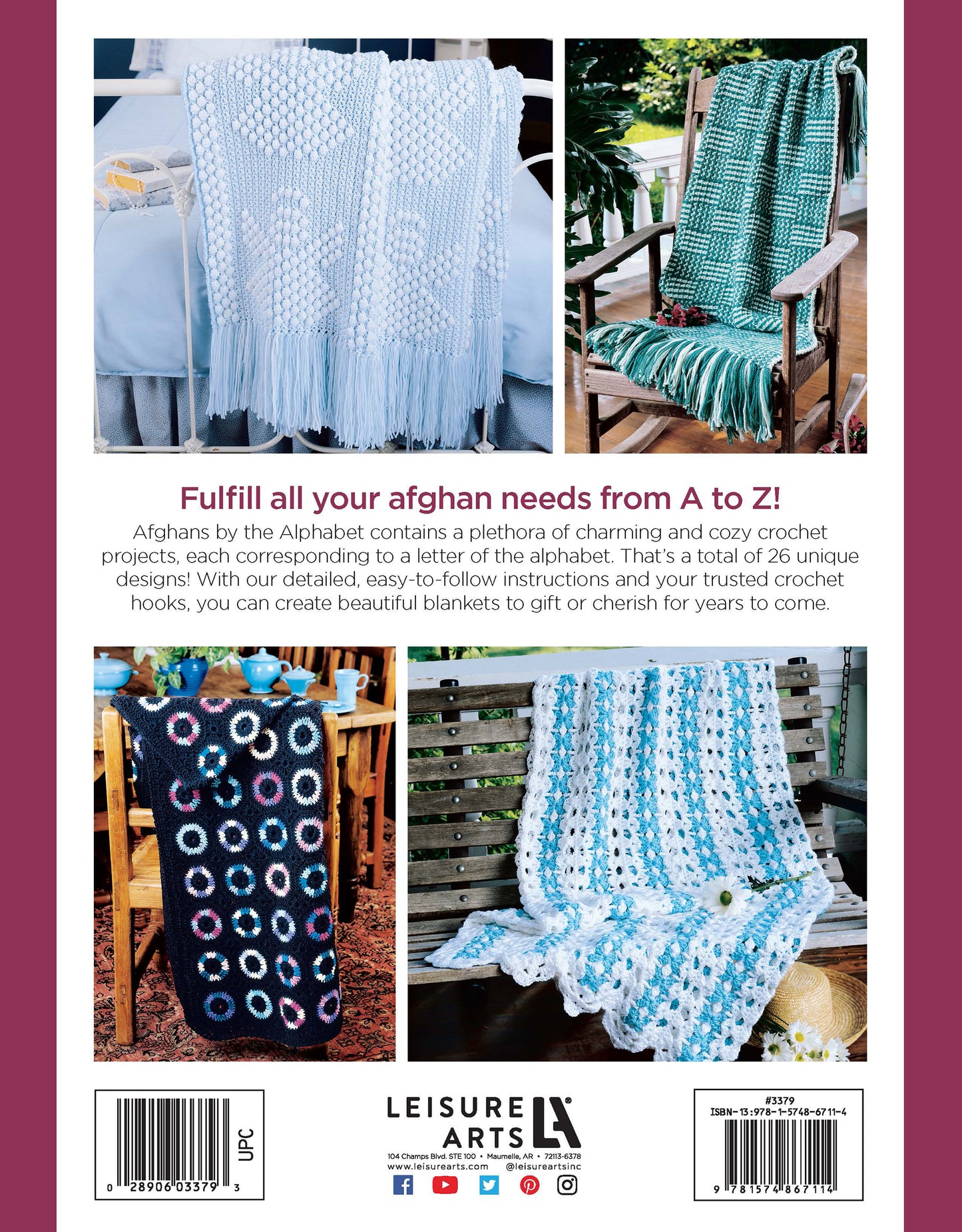 Four cozy crocheted afghan blankets are displayed on chairs and benches. Above them, text promotes "Afghans by the Alphabet Digital Download" from Leisure Arts, featuring gift crochet patterns for afghans A to Z. A barcode appears at the bottom.