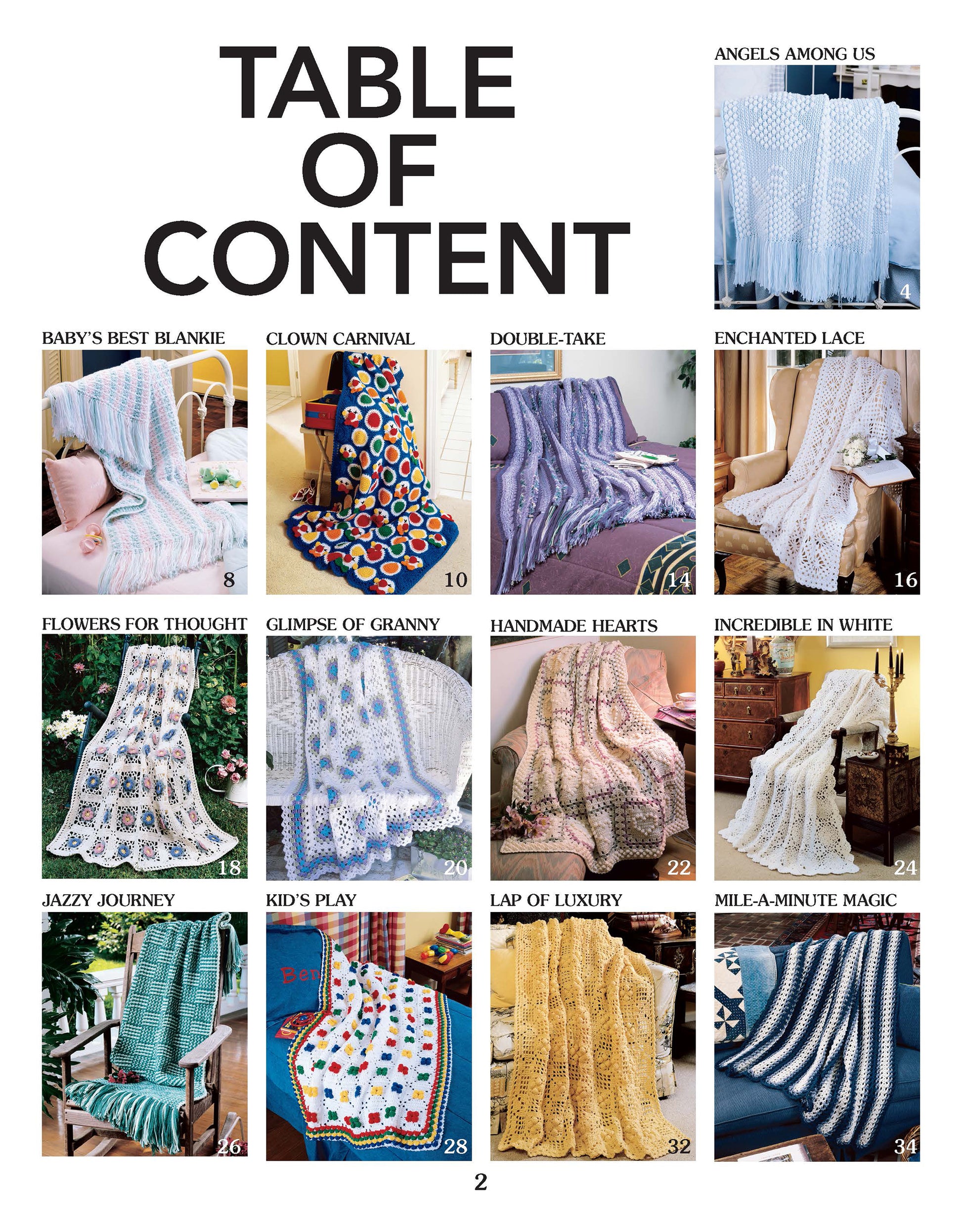 The TABLE OF CONTENT page for Leisure Arts' Afghans by the Alphabet Digital Download displays 12 unique crochet blanket designs, each labeled with its name and page number, shown in various colors and styles on furniture.