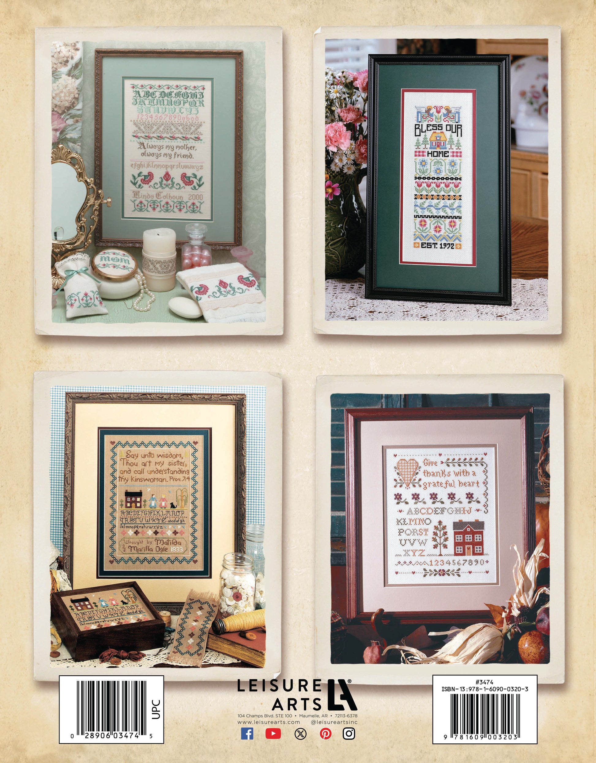 Four framed cross-stitch samplers from "A Sampling of Tradition Cross Stitch Digital Download" by Leisure Arts are displayed on a beige background, surrounded by decorative sewing materials, flowers, and small stitched items. Leisure Arts logo is at the bottom.