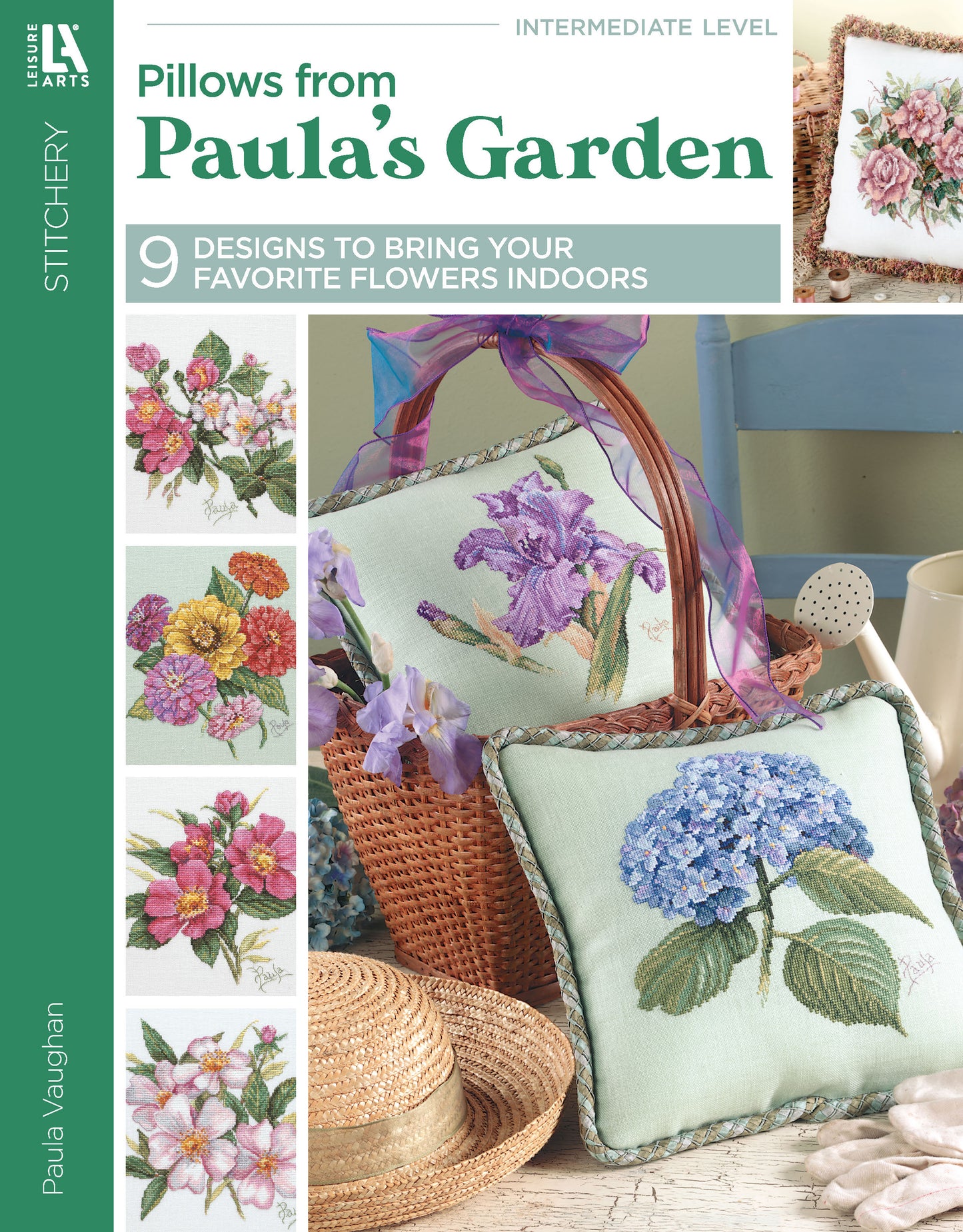 Cover of "Pillows from Paula's Garden Digital Download" by Leisure Arts, featuring embroidered floral pillows, embroidery floss, a teacup on a table, plus side images showing close-ups of beautiful flower embroidery designs.