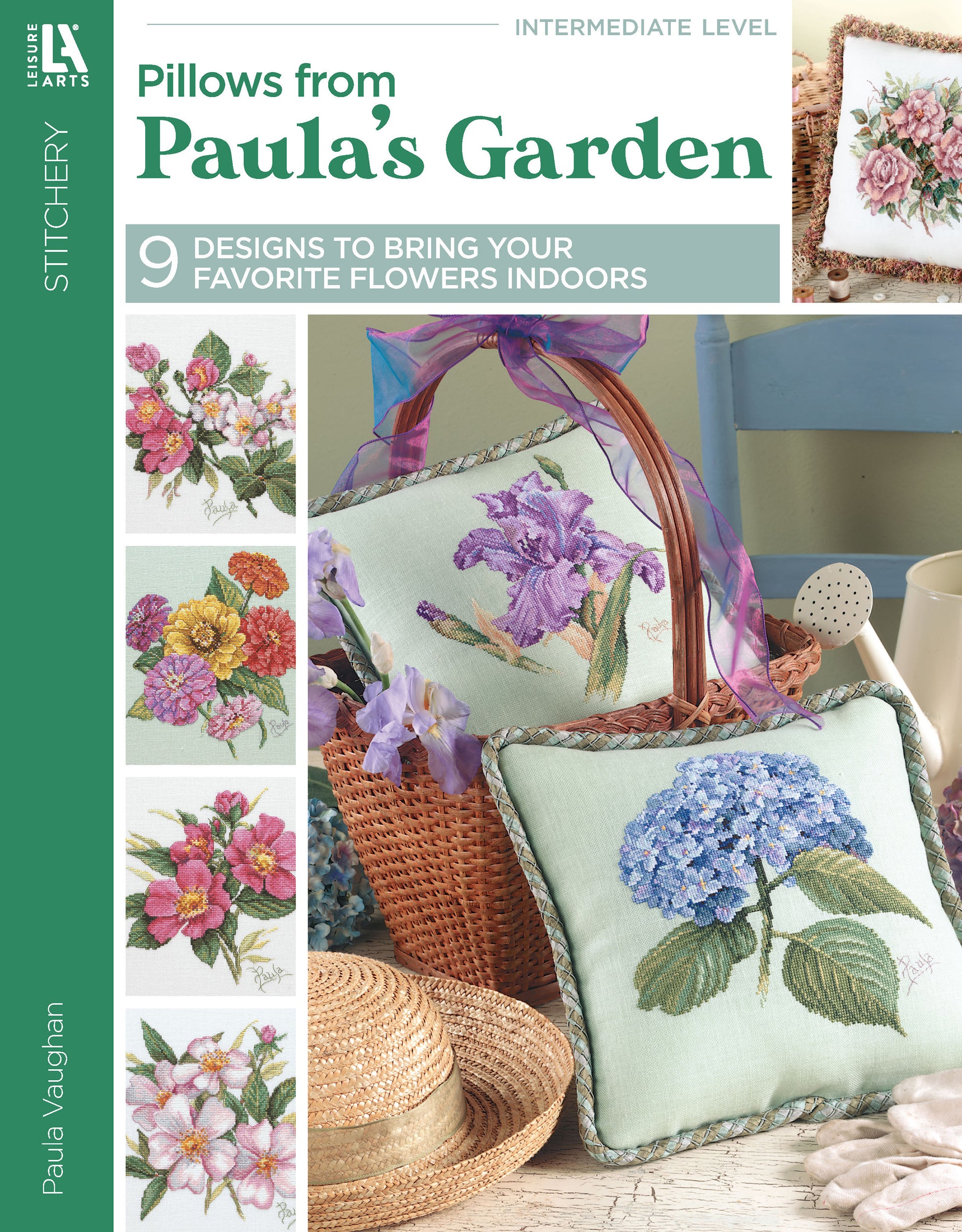 Cover of "Pillows from Paula's Garden Digital Download" by Leisure Arts, featuring embroidered floral pillows, embroidery floss, a teacup on a table, plus side images showing close-ups of beautiful flower embroidery designs.