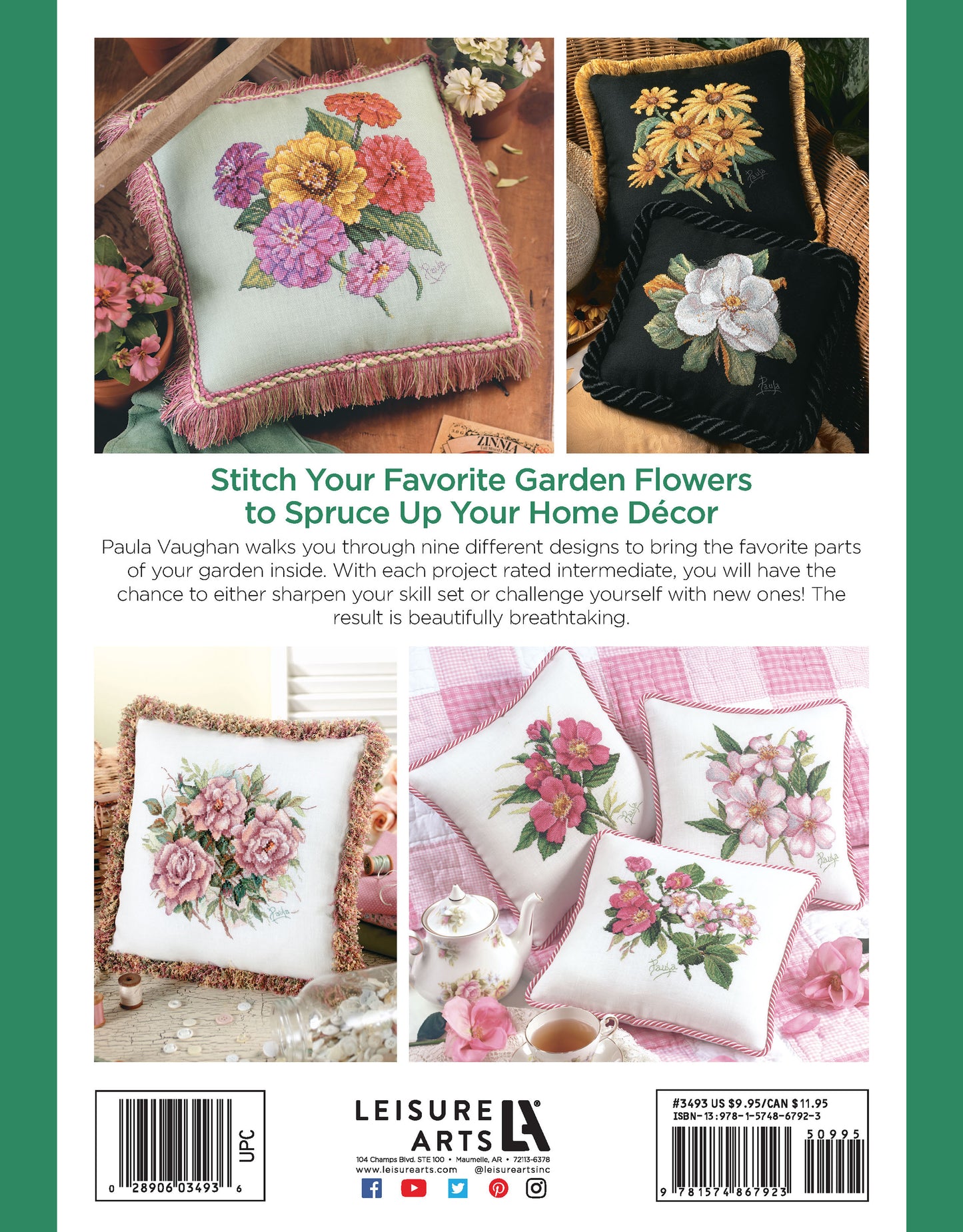 The cover of Pillows from Paula's Garden Digital Download by Leisure Arts displays colorful embroidered floral pillows. The book offers detailed projects, skills, and cross stitch patterns to enhance your home décor with garden designs.