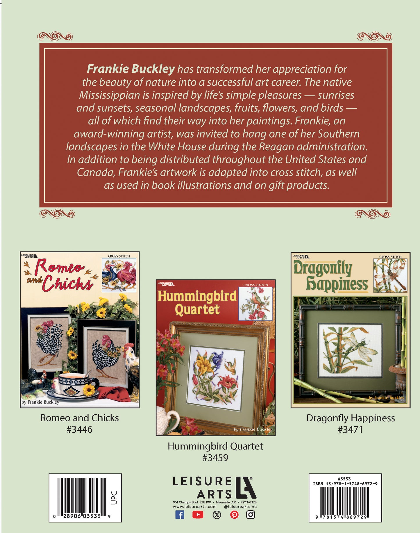 Back cover of a craft book featuring a biography of Frankie Buckley at the top and an image of the Unity Birdhouses Cross Stitch Digital Download by Leisure Arts at the bottom.