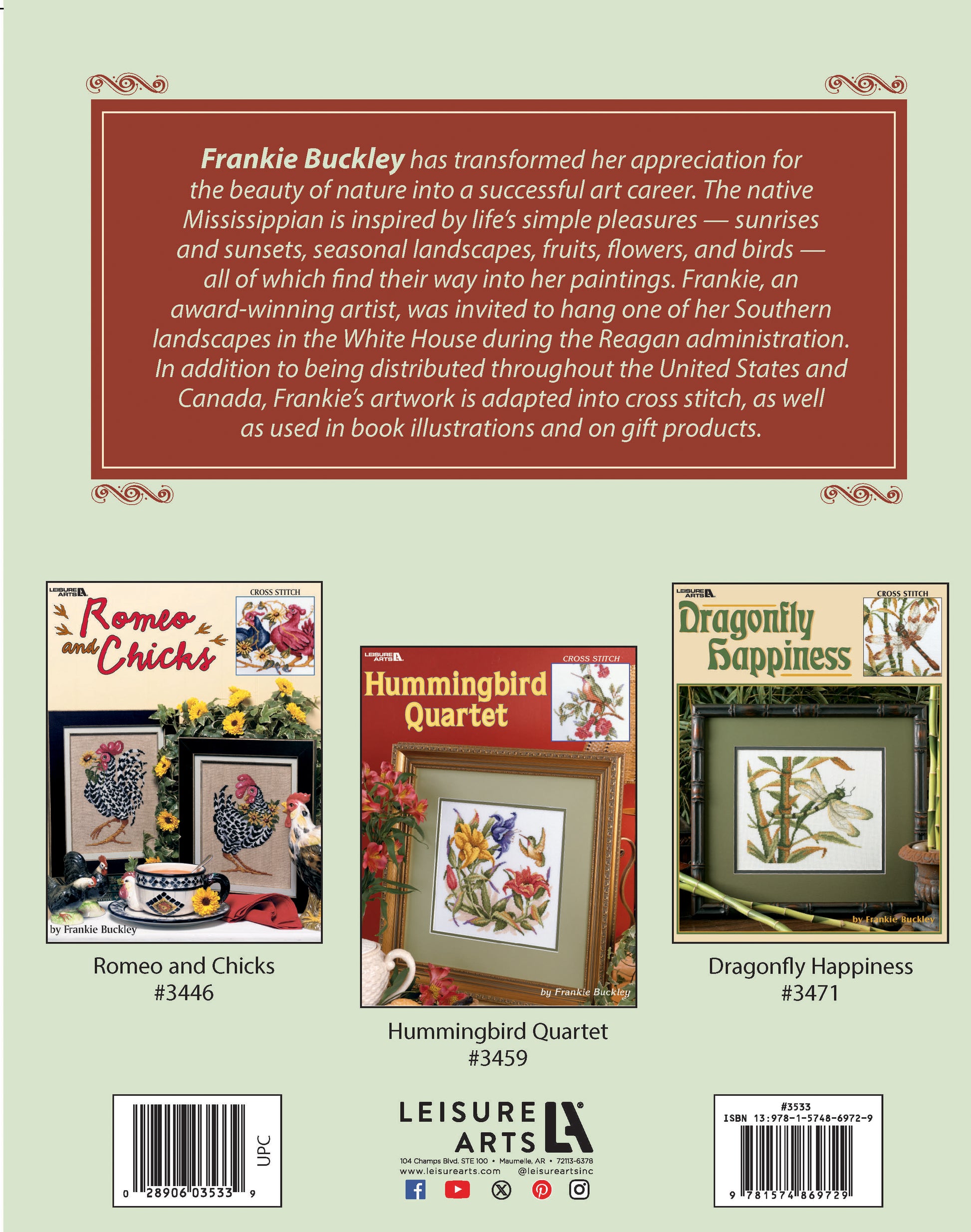 Back cover of a craft book featuring a biography of Frankie Buckley at the top and an image of the Unity Birdhouses Cross Stitch Digital Download by Leisure Arts at the bottom.