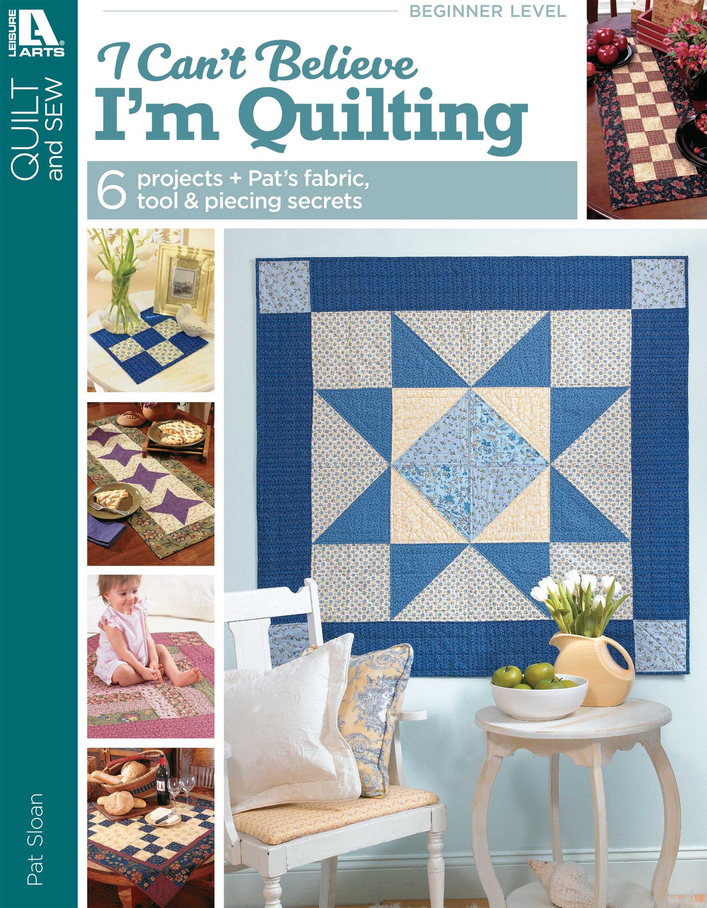 The cover of Leisure Arts' "I Can't Believe I'm Quilting Digital Download" features a blue and beige star-pattern quilt, fabric crafts, and a smiling woman quilting, highlighting beginner-friendly step-by-step instructions.