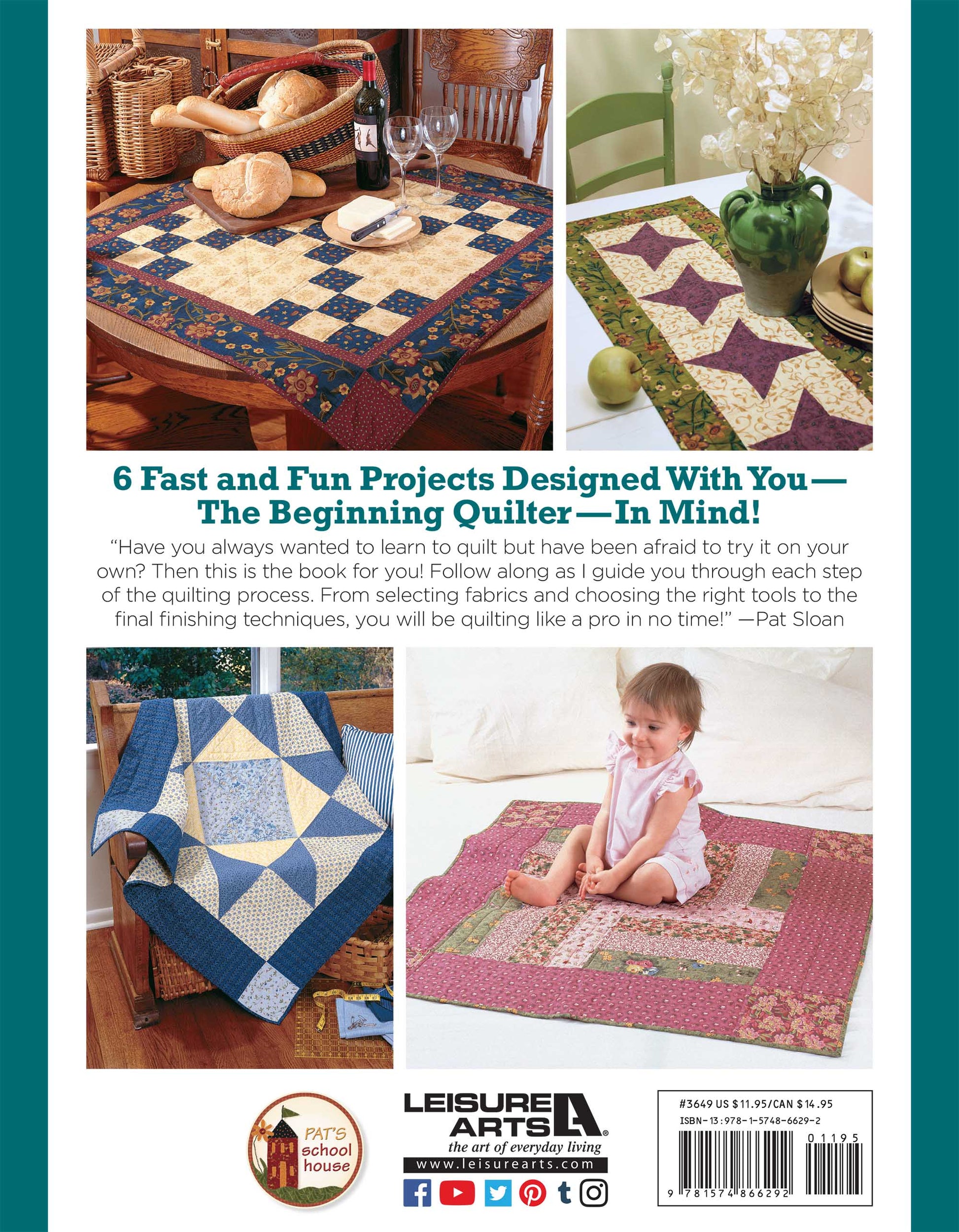 Back cover of Leisure Arts' "I Can't Believe I'm Quilting" digital download, displaying three beginner quilts: a blue and tan bed quilt, a floral table runner with a vase, and a pink and tan patchwork baby quilt.