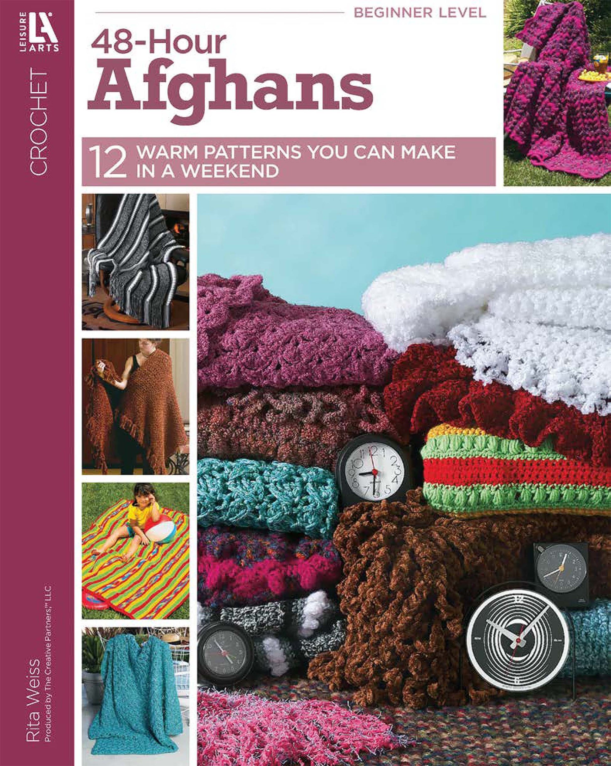 Cover of the Leisure Arts 48-Hour Afghans Digital Download, showing colorful crochet blankets stacked and in use, with smaller images of people enjoying finished afghans—perfect for beginner crochet enthusiasts in any setting.