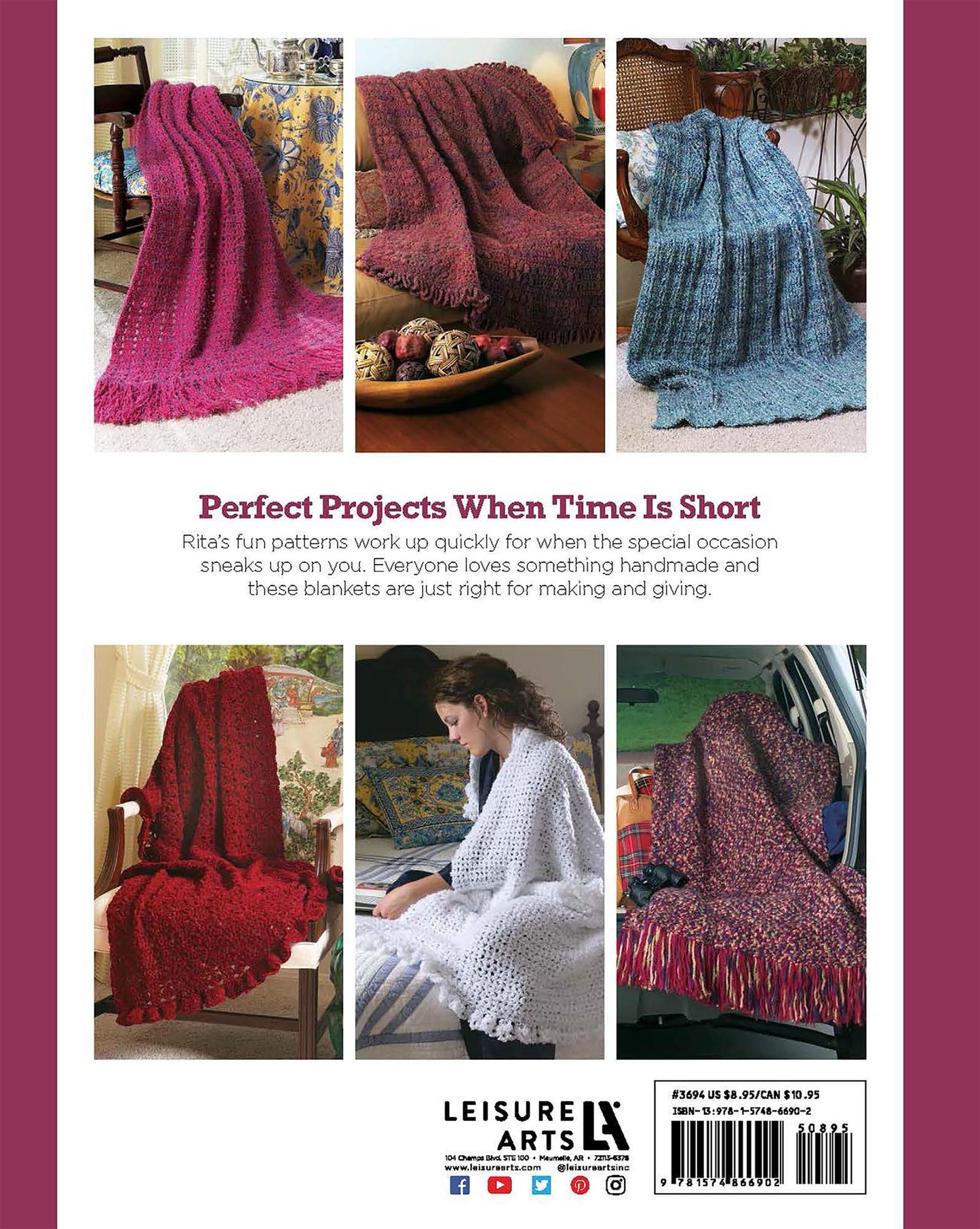 Six photos of vibrant crochet blankets from the Leisure Arts 48-Hour Afghans Digital Download, in red, pink, blue, and multicolor. Quick handmade projects for beginners or experienced makers. Leisure Arts branding at the bottom.