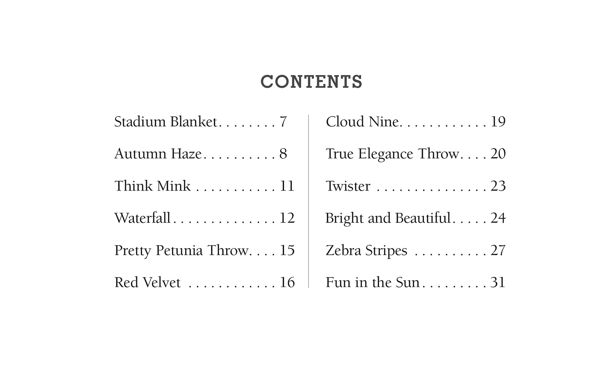 The 48-Hour Afghans Digital Download by Leisure Arts features a table of contents with names and page numbers for crochet blankets like Stadium Blanket, Autumn Haze, Pretty Petunia Throw, Zebra Stripes, and more—great for beginners.
