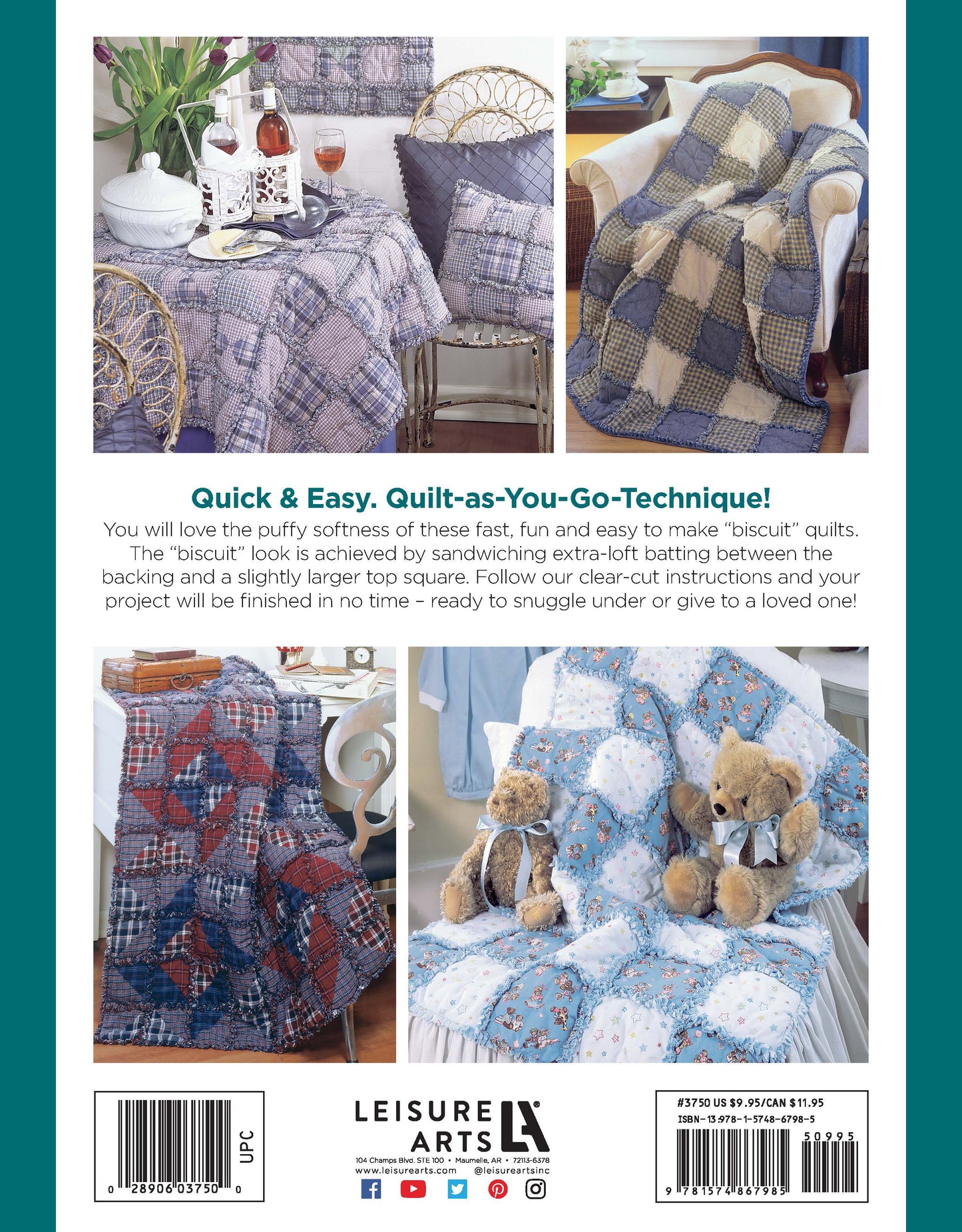 Three photos show cozy Made from Scratch Biscuit Quilts by Leisure Arts in purple, blue, and pink draped on chairs. One quilt features teddy bears. Decorative pillows and furniture enhance the homey vibe; Leisure Arts branding is visible.