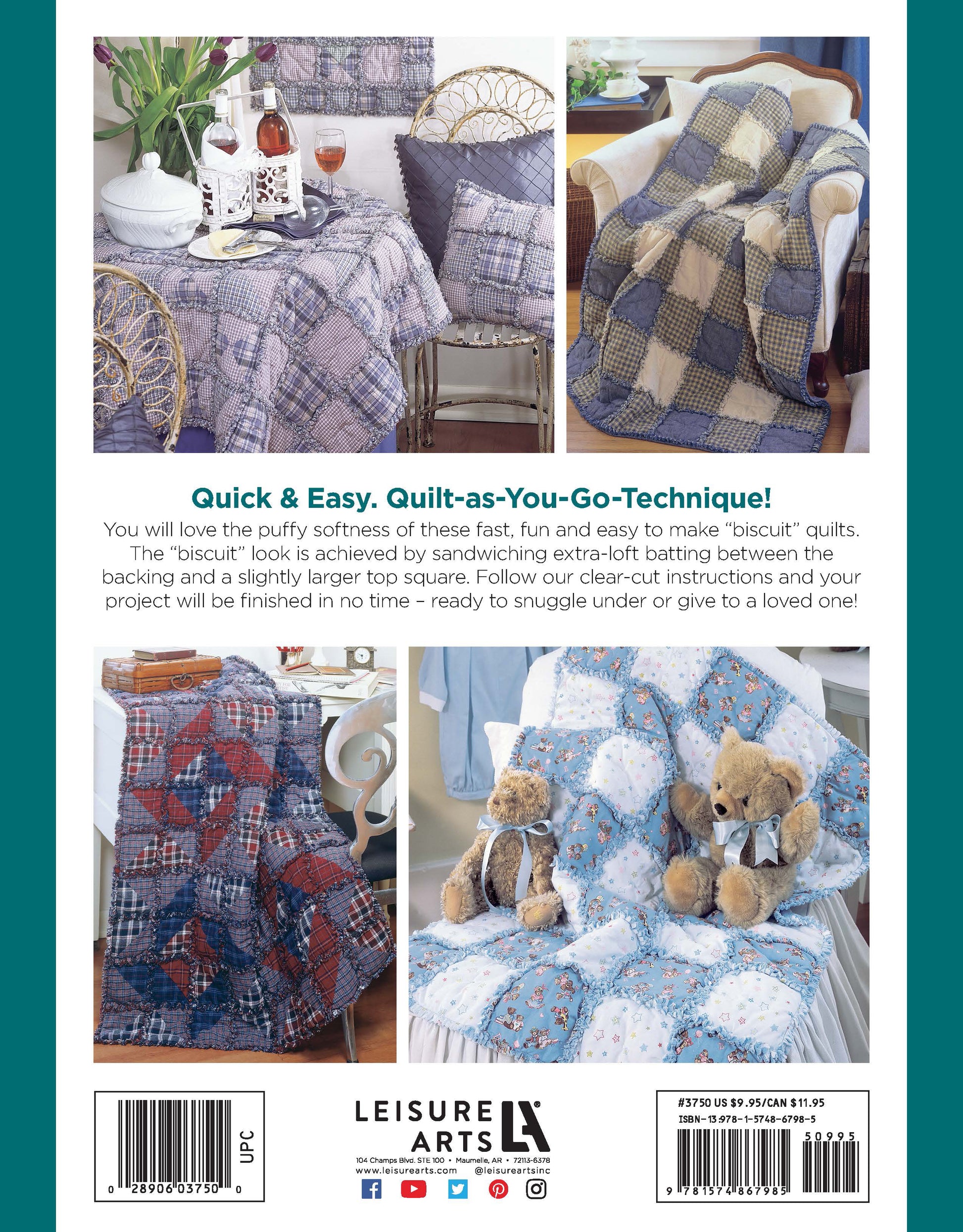 Three photos show cozy Made from Scratch Biscuit Quilts by Leisure Arts in purple, blue, and pink draped on chairs. One quilt features teddy bears. Decorative pillows and furniture enhance the homey vibe; Leisure Arts branding is visible.