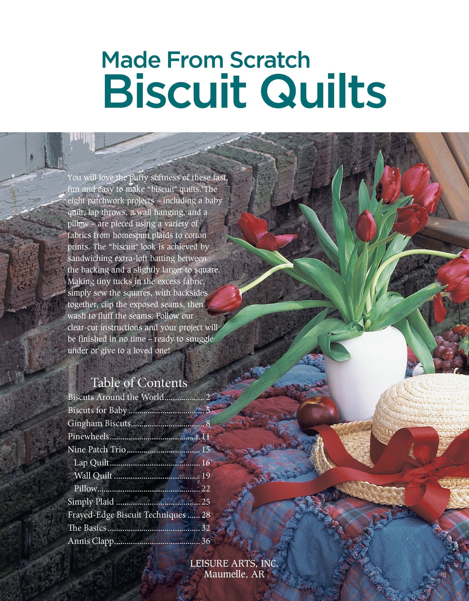 A white pitcher with red tulips sits beside colorful patchwork quilts on a wooden table—ideal inspiration for beginners. The text highlights the "Made from Scratch Biscuit Quilts Digital Download" by Leisure Arts and lists its contents.