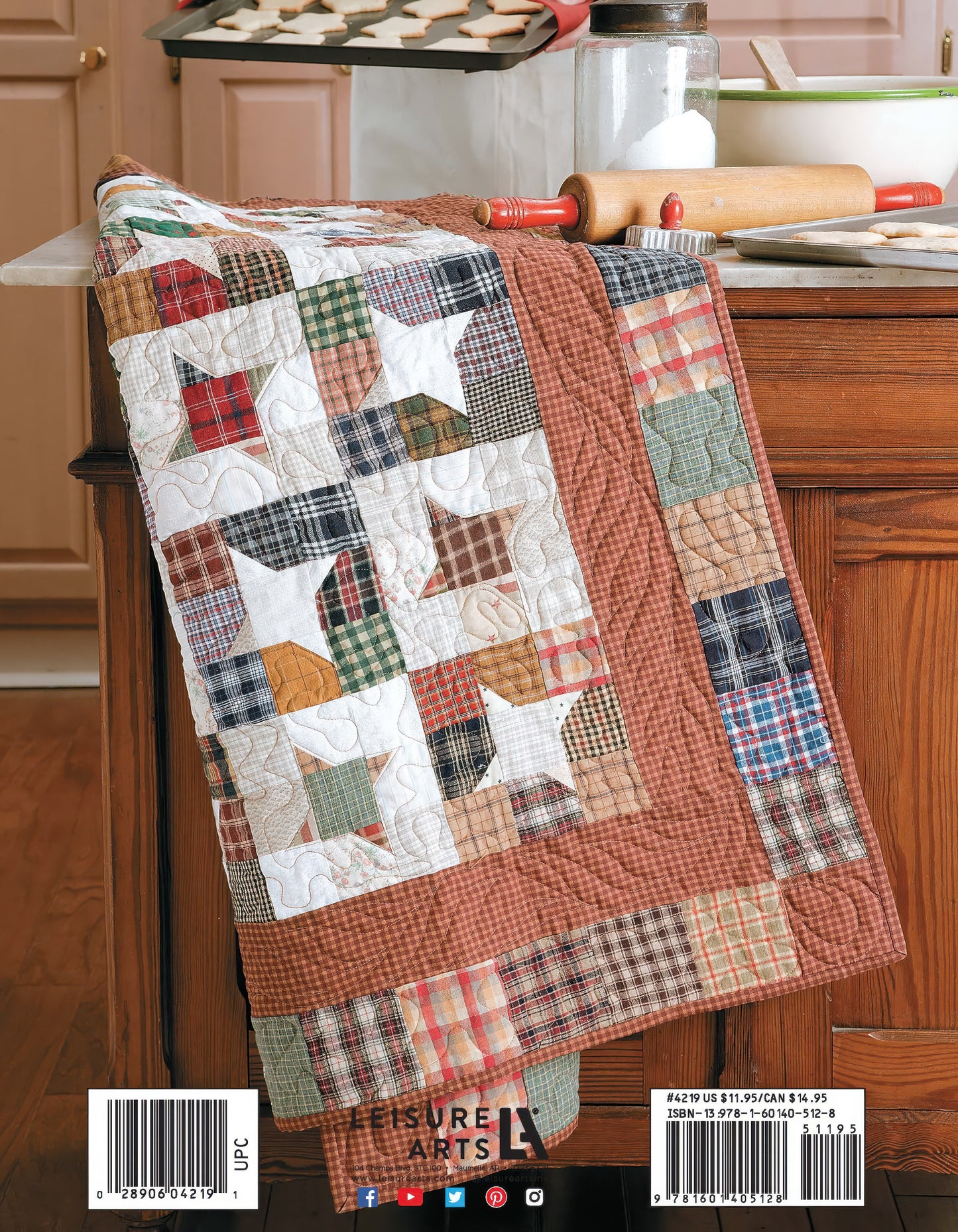 The Slash Your Stash Quilts Digital Download by Leisure Arts features fast piecing techniques and multicolored plaids, perfect for draping over a kitchen island beside baking essentials.