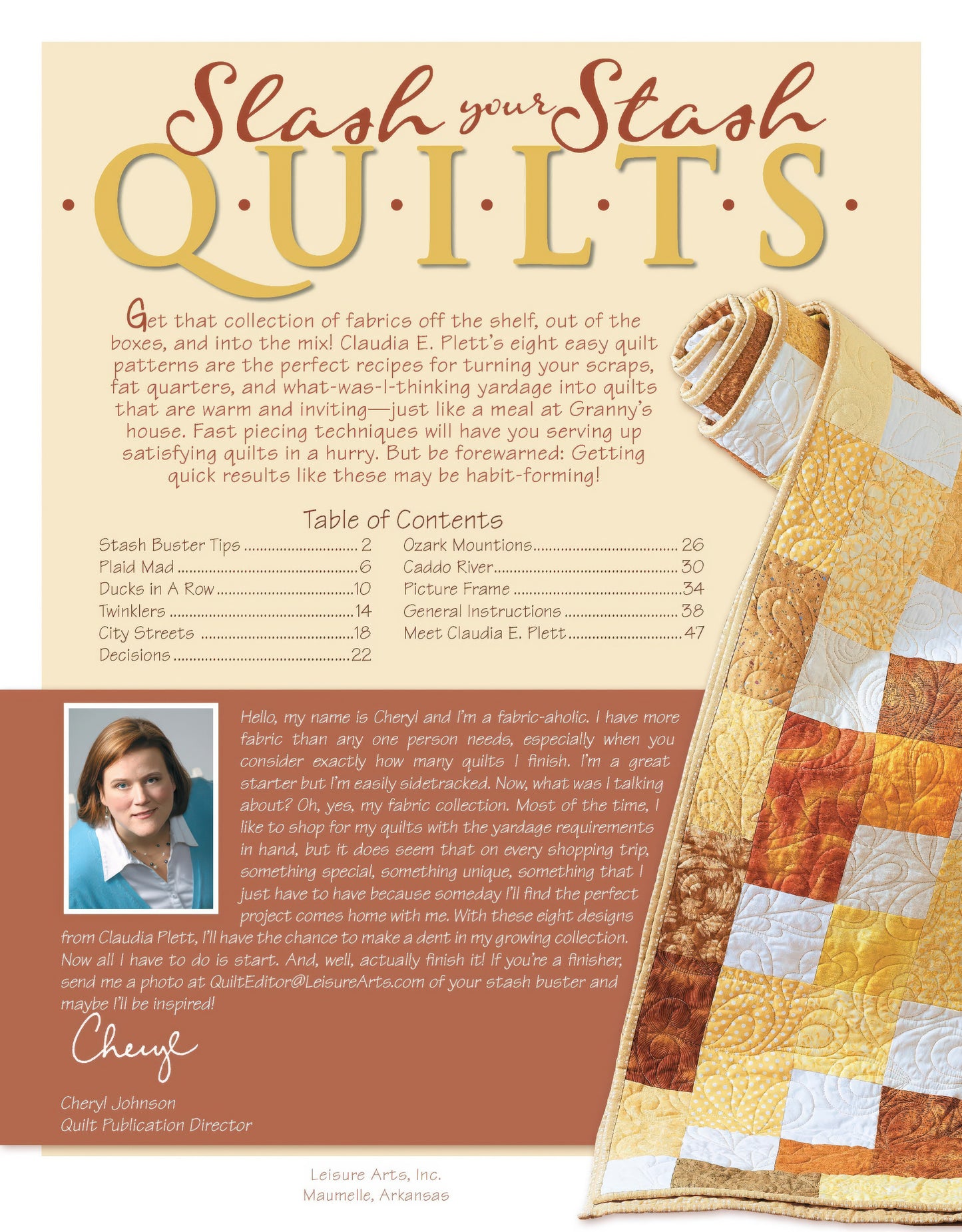 The Leisure Arts Slash Your Stash Quilts Digital Download features a close-up of a colorful patchwork quilt, quilt instructions with color diagrams, table of contents, an author photo, and introductory text about Cheryl Johnson.