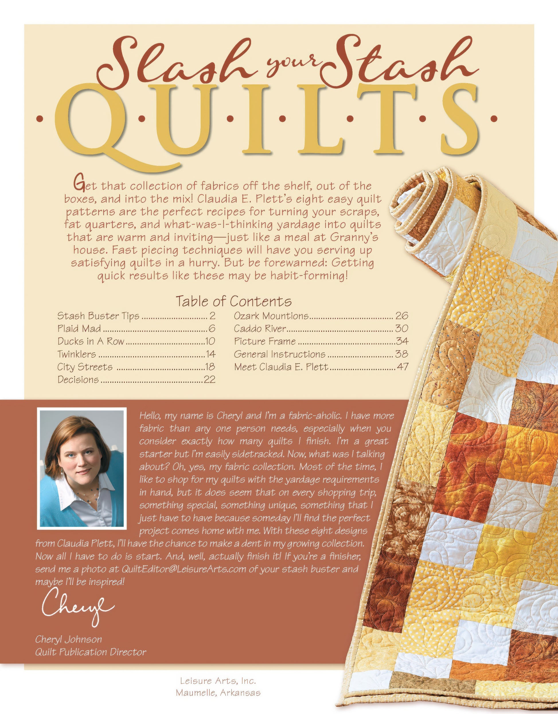 The Leisure Arts Slash Your Stash Quilts Digital Download features a close-up of a colorful patchwork quilt, quilt instructions with color diagrams, table of contents, an author photo, and introductory text about Cheryl Johnson.