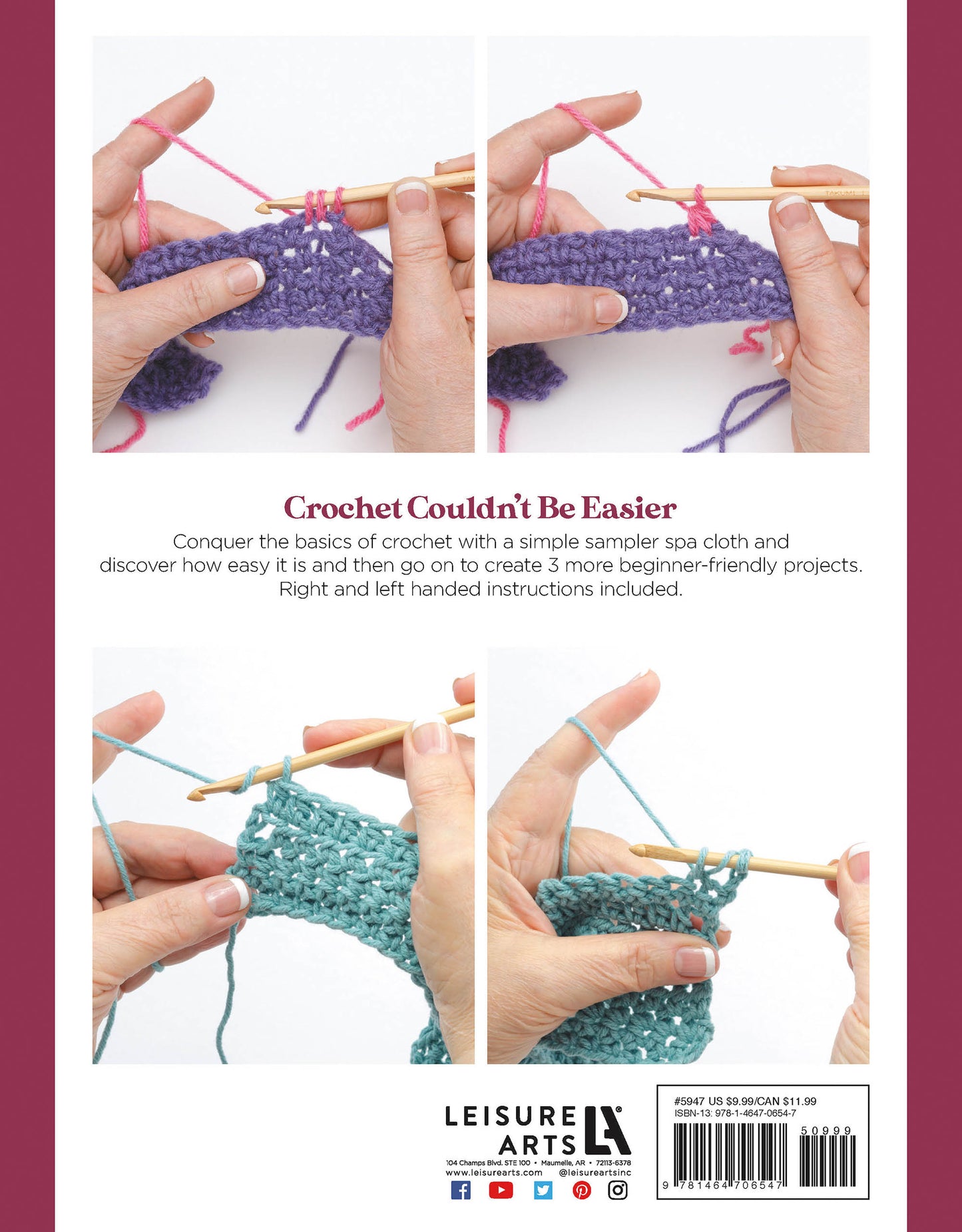 The back cover of Learn to Crochet Now! Digital Download by Leisure Arts features hands crocheting with purple and blue yarn in three photos, highlights beginner projects and clear instructions, and displays the Leisure Arts logo at the bottom.