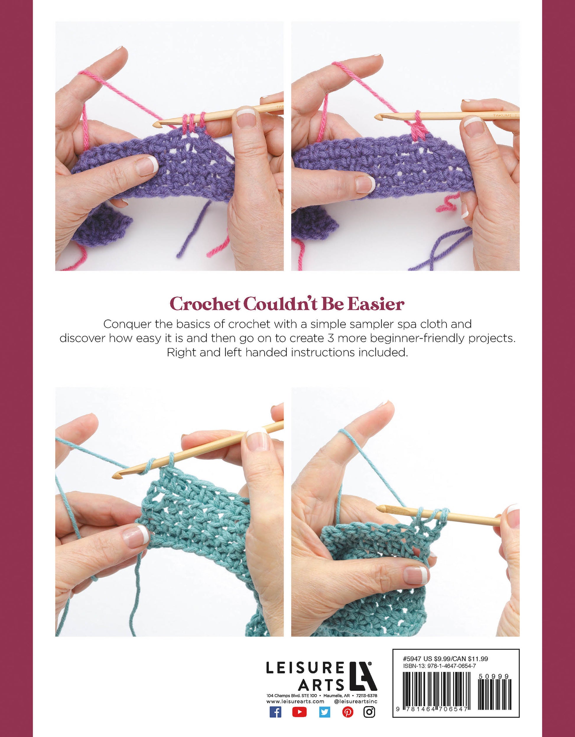 The back cover of Learn to Crochet Now! Digital Download by Leisure Arts features hands crocheting with purple and blue yarn in three photos, highlights beginner projects and clear instructions, and displays the Leisure Arts logo at the bottom.